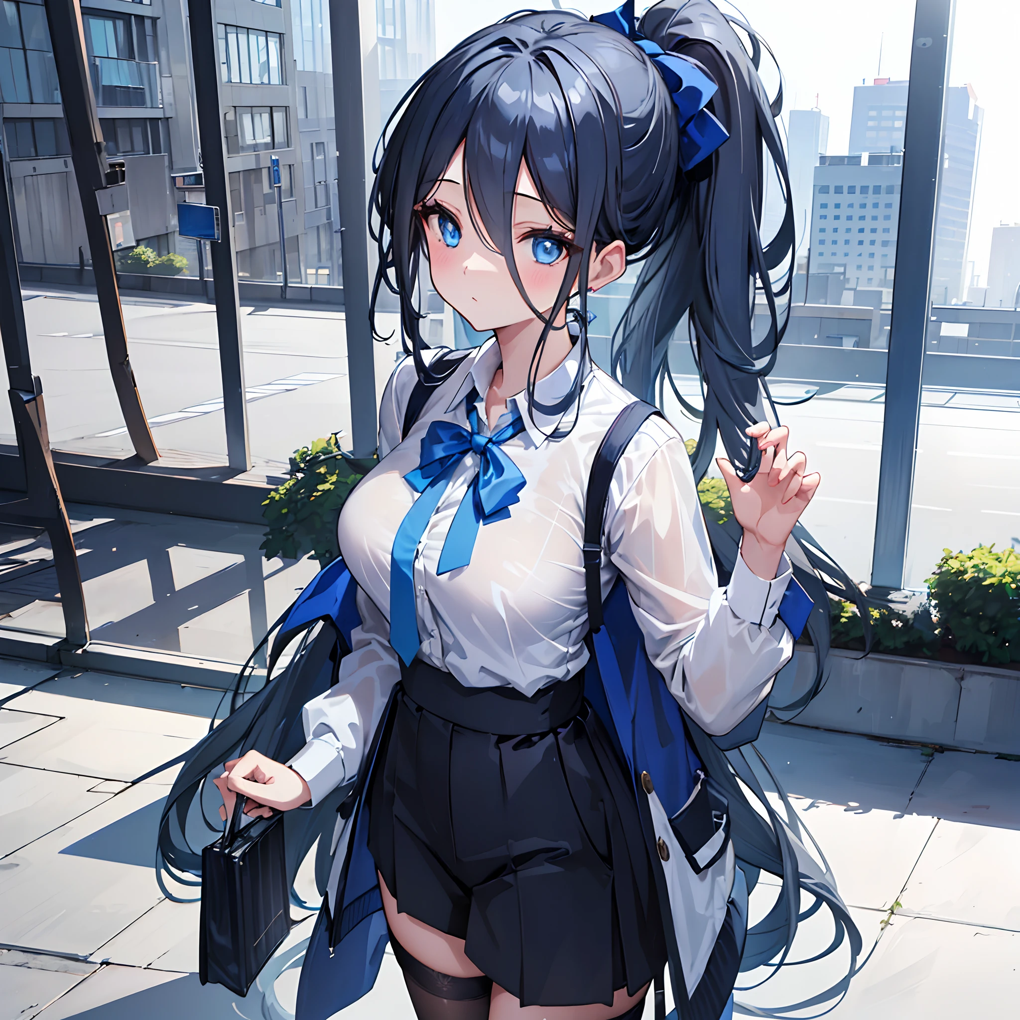 (Masterpiece, 8k, 1 girl, solo, Arisu, Blue_Archive, mature woman) , grey long hair, ponytail with ribbon, hairbow, deep blue eyes, large breasts, blue blouse, white shirt, short trousers, cool legwear, city in background, gorgeous girl