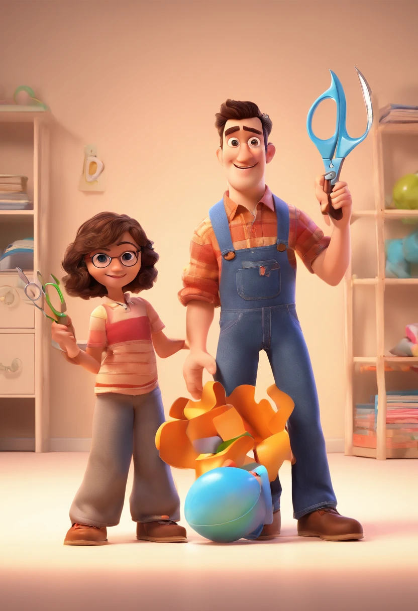 Estilo Pixar: The grown man is holding a blue-eyed girl and in his other hand he is holding a pair of scissors and is trying to cut off the boy's testicles,3D Poster,Disney