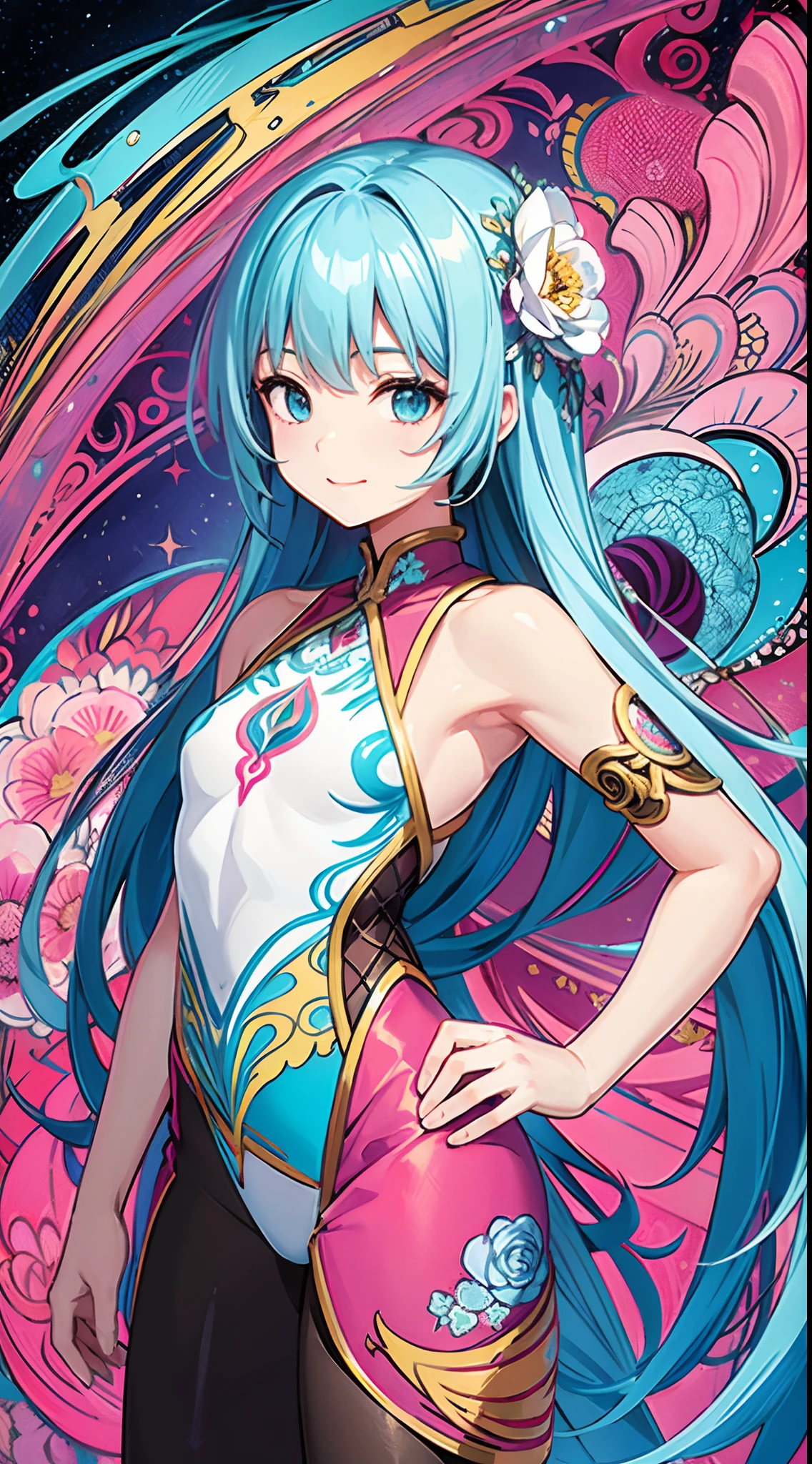 (​masterpiece、top-quality、top-quality、Official art、Beautifully Aesthetic:1.2)、(1girl in:1.3)Light blue long hair、Twin-tailed、adorable smiling、ighly detailed、(Fractal Art:1.1)、(colourfull:1.1)(florals:1.3)、highestdetailed、(Zentangle:1.2)、(dynamicposes)、(Abstract background:1.3)、(shinny skin)、(Many colors:1.4)、、(耳Nipple Ring)、(pluma:1.5)、White background、See-Through Phoenix Leotard