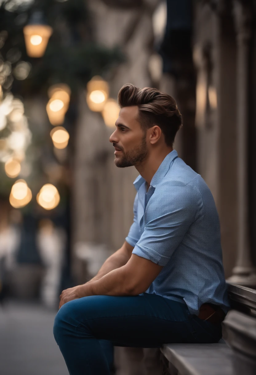 Homem,  estilo disney, tom de pele: moreno claro:  Cabelo: castanho escuro, crespo, curto, franja. Olhos puxados. medium nose. camisa: regata, Cor azul. Fundo: Gray and white gradient,Comemorando, Hands raised, sorrindo, feliz, (estilo pixar) (obra-prima:1.2) (bokeh) (melhor qualidade) (pele detalhada) (textura detalhada) (8k) (claymation) (cinematic lighthing) (foco nítido