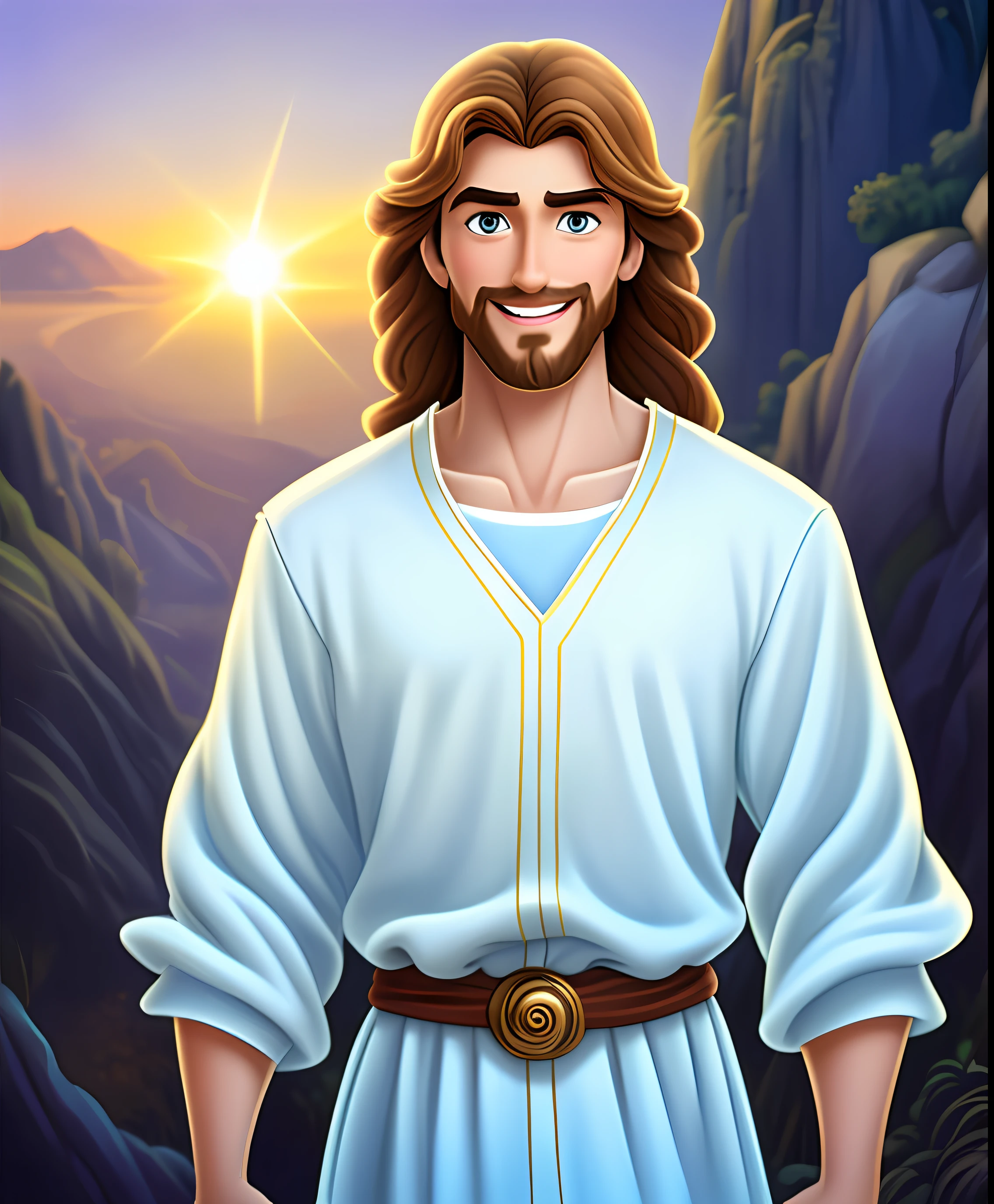 Original art quality, full body picture, Disney character animation style, young and handsome Jesus God, standing posture, hands naturally placed on both sides, looking ahead, gentle expression and smiling, eyes full of light, background light blue, translucent, with light as the theme, the focus of light is on the characters, the overall picture is fresh and bright.