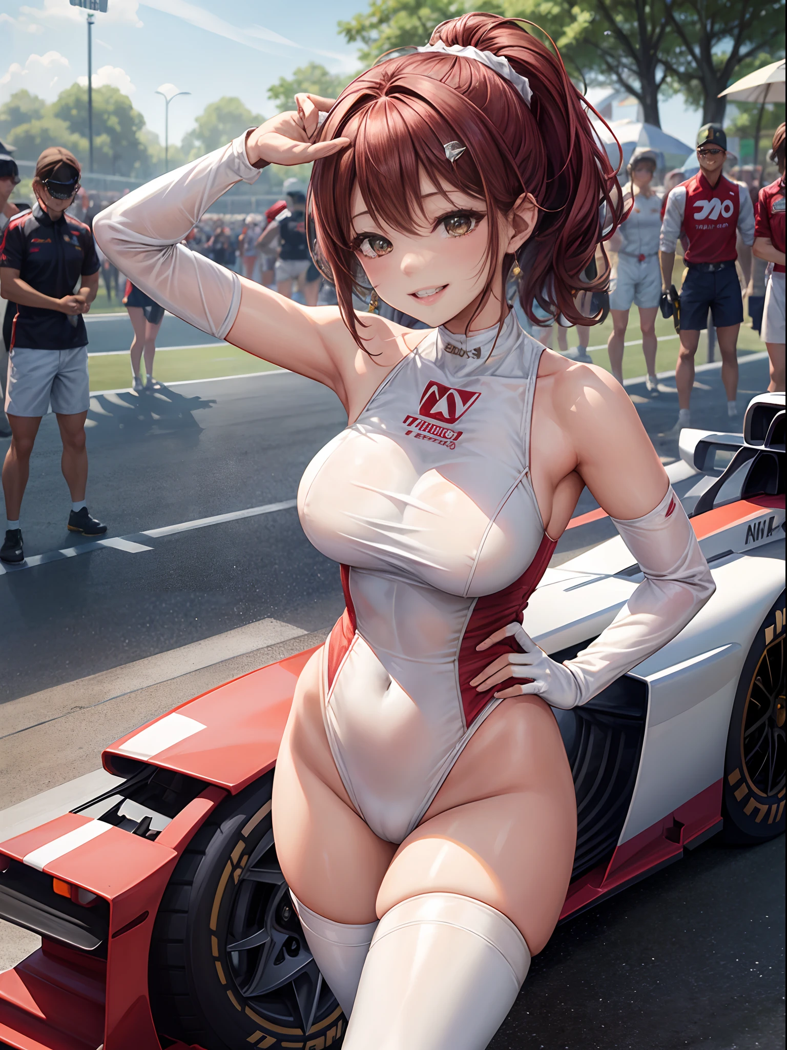 top-quality、Full limbs、complete fingers、1girl、((one beautiful women、独奏))、Beautiful Large Breasts、Medium hair、poneyTail、Race Queen Costume、Woman in red and white leotard with logo、Red arm cover、Tricolor parasol、Woman in long white boots、((F1 Circuit、Formula 1、F1、racing car))、Naughty Poses、A big smile