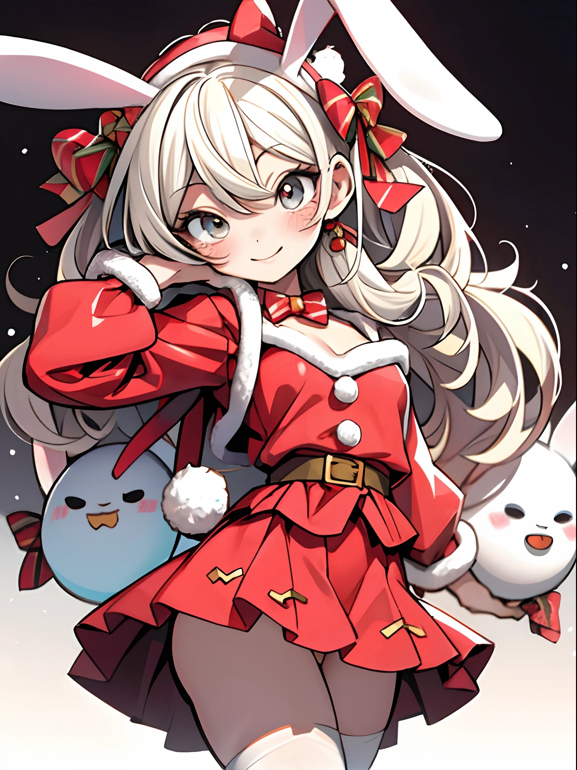 best qualtiy、tchibi、1girl in、Santa Claus Girl、santa claus、A smile、kawaii、kawaii eyes、big eye、Rabbit ears、Santa Clothes、Colossal tits、cleavage of the breast、micromini skirt、Watercolor style、