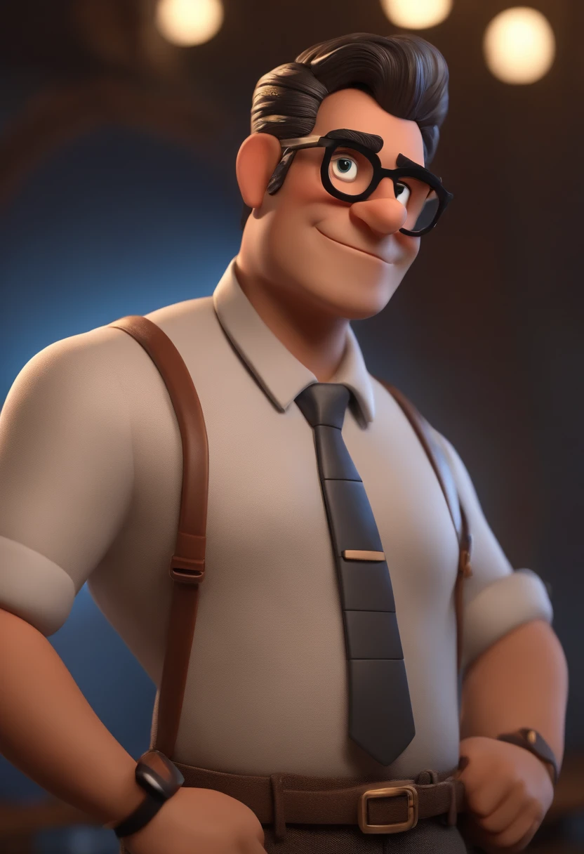 Cartoon character of a man with black glasses, cabelo cacheado marrom escuro e uma camisa azul, animation character, Caractere estilizado, animation style rendering, 3D estilizado, Arnold Maya render, 3 d render stylized, toon render keyshot, Personagem 3D, Personagem 3D, 3d rendering stylized, 3 d character render, personagem de desenho animado, Personagem de close up, Pose de personagem, (Estilo Pixar) (master part:1.2) (Bokeh) (best quality) (pele detalhada) (textura detalhada) (8k) (argila) (Cinematic lighting) (foco nítido