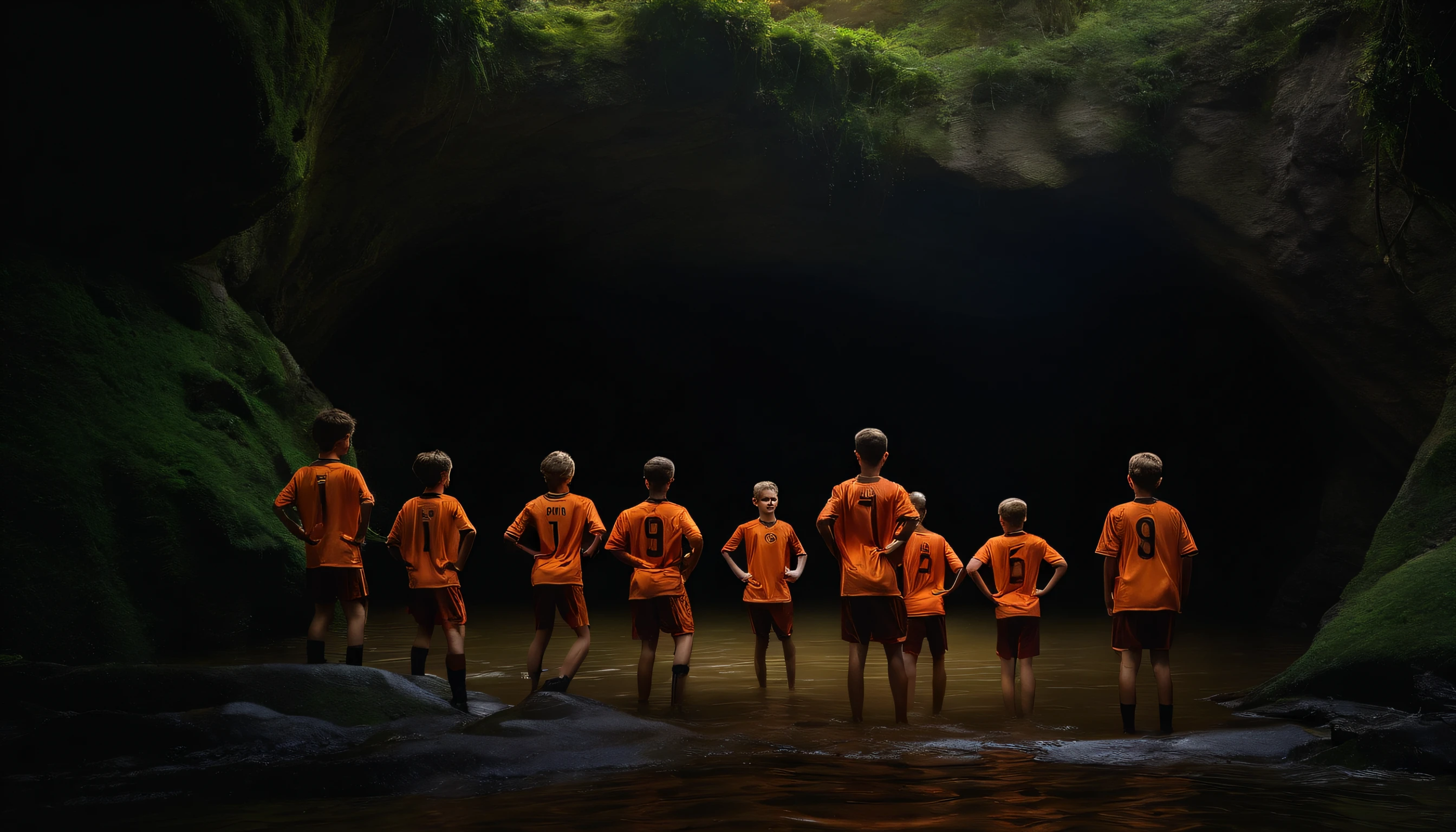 youth male soccer team (kids) trapped inside a closed dark cave with flooding waters, low oxygen levels because it's closed