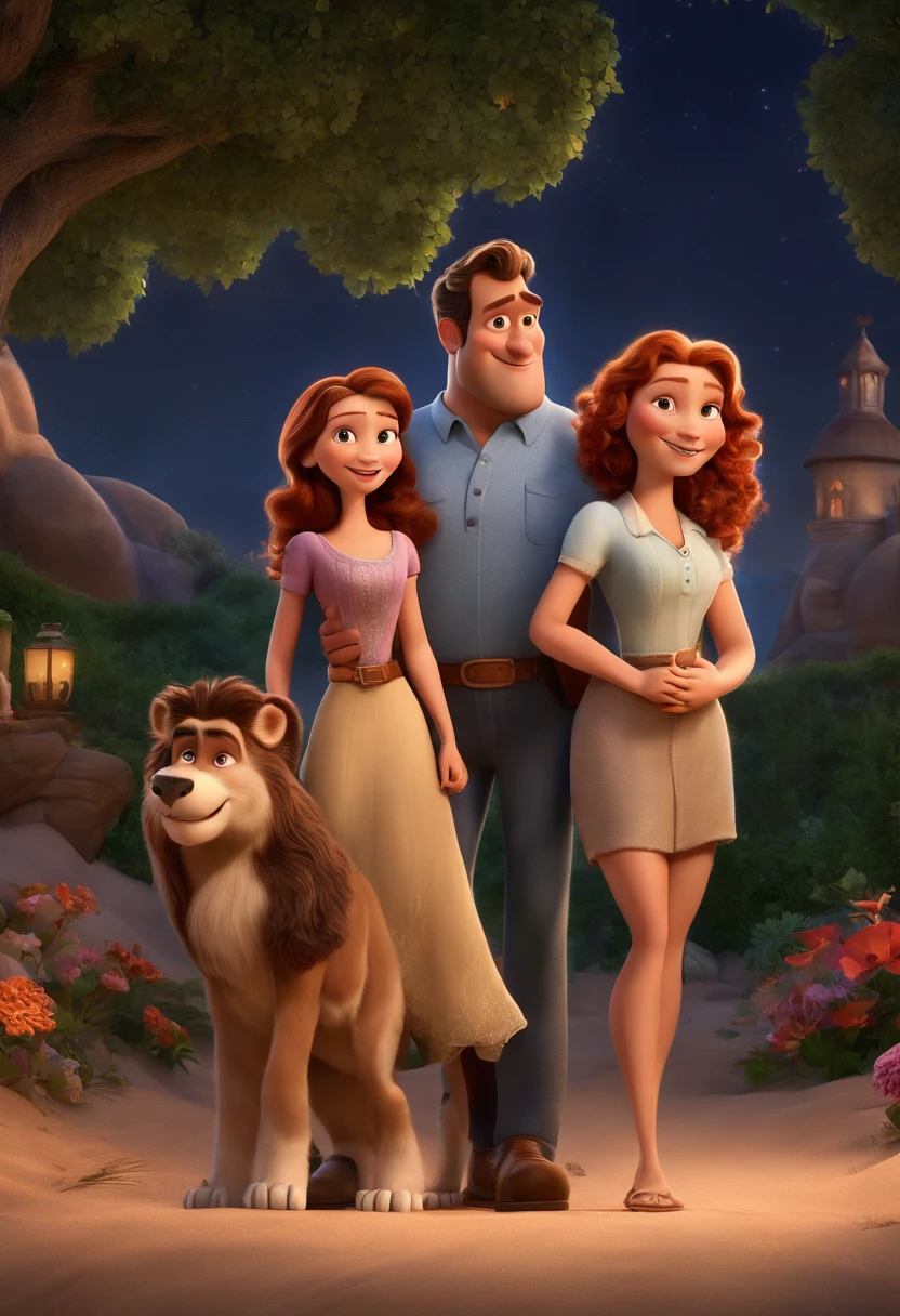 a Disney Pixar movie poster showing a white-skinned family. The father is the tallest, Tem barba curta, loiro, cabelos curtos e espinhosos. The mother has brown eyes and hair, shoulder-length and is slightly overweight. A menina tem 4 anos e cabelos castanhos, roupa rosa e rabos de cavalo. The background is a beach garden. 3D-rendering