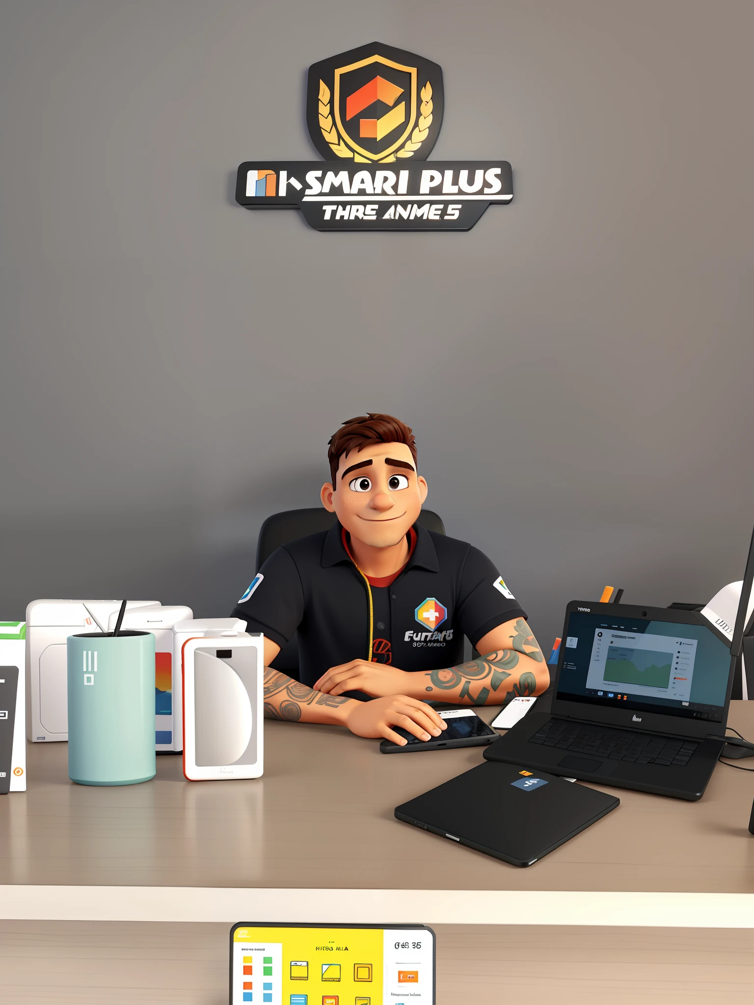 Imagem estilo pixel, alta qualidade Um homem de 35 anos , cabelo curto, moreno claro , atras de uma mesa sentado em frente um notebook, com o uniforme da loja,camiseta social , cor preta e laranja ,na parede de fundo uma logo marca con o nome Smartplus _ O pano de fundo