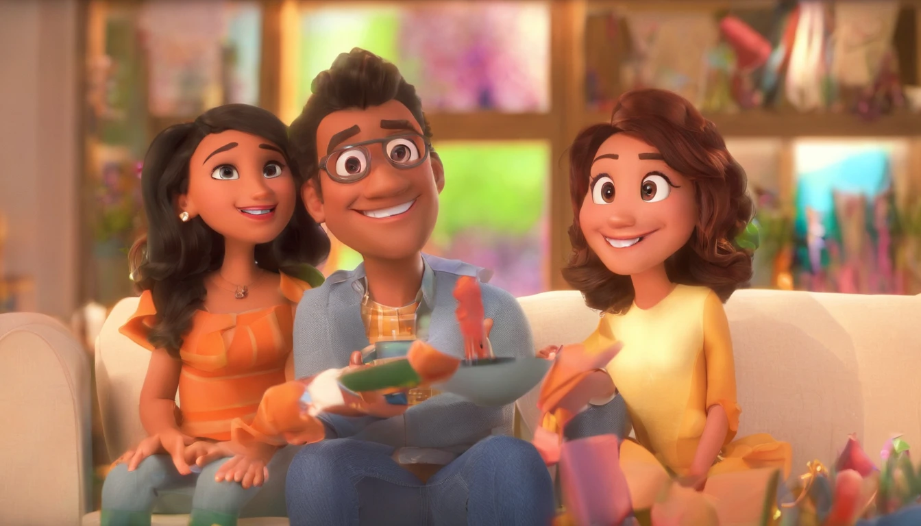 An illustration of an adorable couple, Highlight for a chubby mulatto man with smiling glasses and a brunette woman with beautiful expressive eyes - the man's skin is mulatto and the man's hair has, while the woman's skin is black and the woman's hair is straight and brown. They are a bright room, cada um com um sorriso no rosto, e compartilhar um momento especial caracterizado pelo amor, Insights. Illustrate this scene from a perspective where they are facing the camera, Smiling and Showing Your Connection. Desenvolva esta arte em Full HD, Focus on your cinematic touch, Estilo Disney Pixar Animations