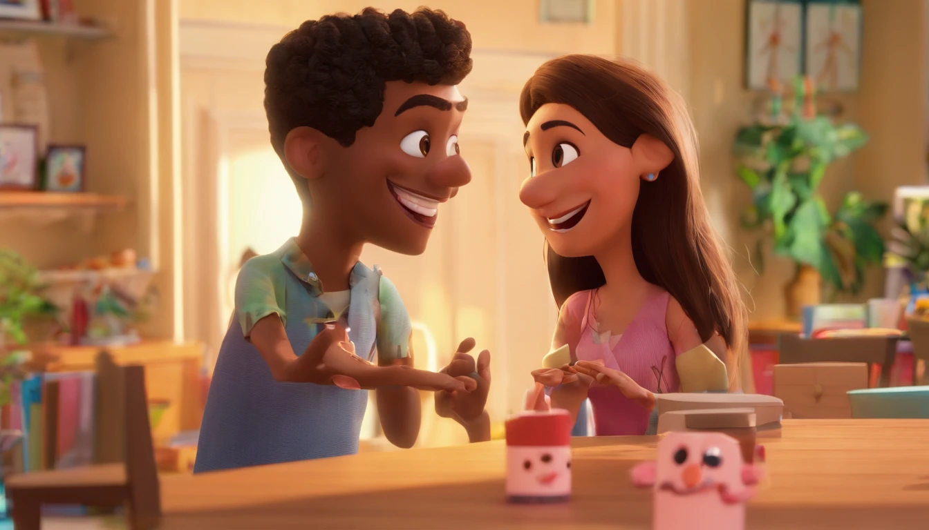 An illustration of an adorable couple, Highlight for a chubby mulatto man with smiling glasses and a brunette woman with beautiful expressive eyes - the man's skin is mulatto and the man's hair has, while the woman's skin is black and the woman's hair is straight and brown. They are a bright room, cada um com um sorriso no rosto, e compartilhar um momento especial caracterizado pelo amor, Insights. Illustrate this scene from a perspective where they are facing the camera, Smiling and Showing Your Connection. Desenvolva esta arte em Full HD, Focus on your cinematic touch, Estilo Disney Pixar Animations
