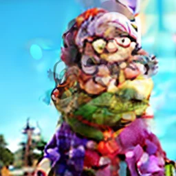 masterpiece, best quality, an old woman with glasses and a scarf on, wearing a purple coat and green scarf, standing at the park