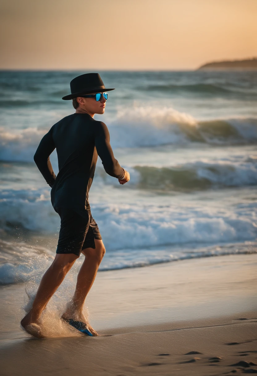Athletic bodied boy in black hat and blue sunglasses and black long-sleeved shirt, participando de uma corrida na beira mar de boa viagem e muitas pessoas ao seu redor correndo e o visual de praia