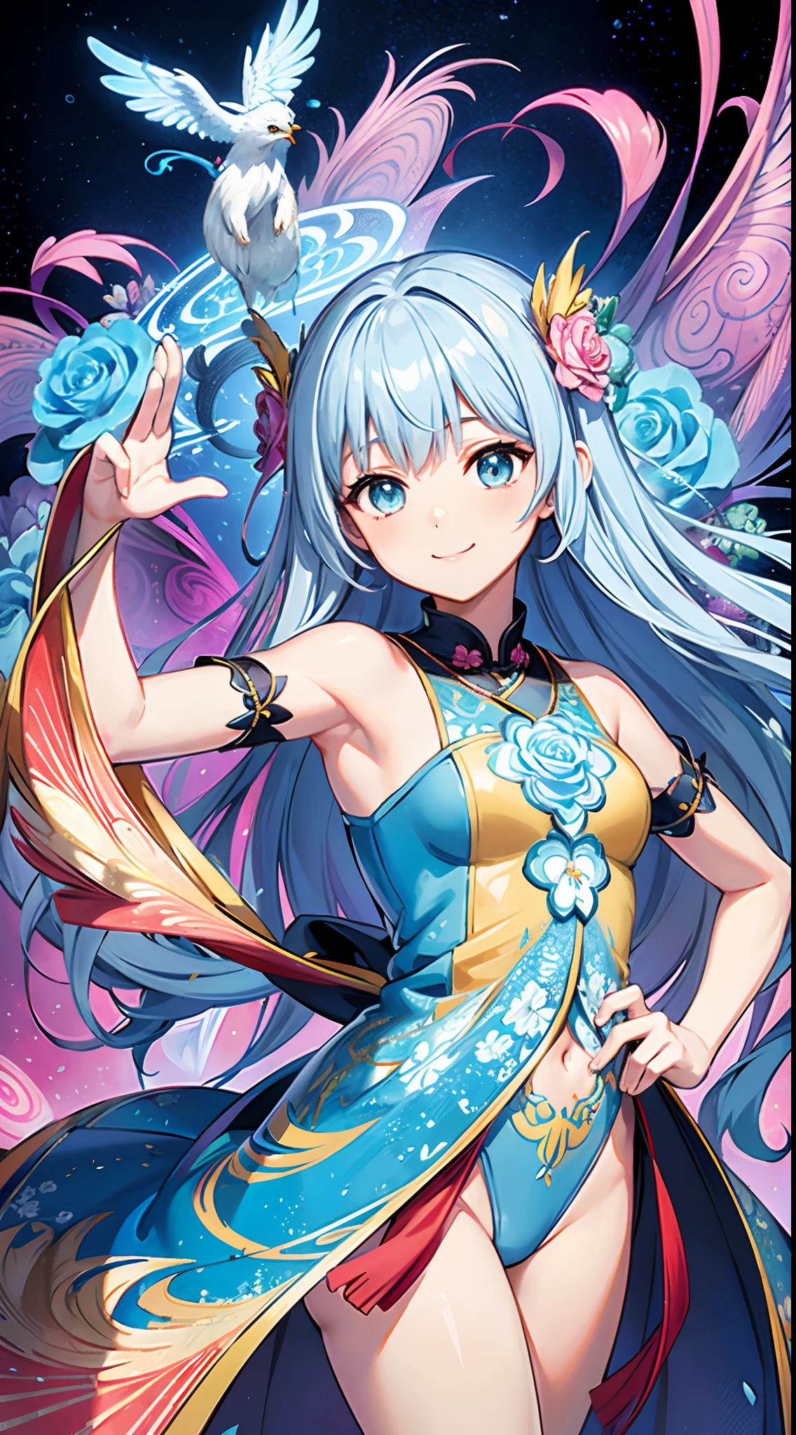 (masterpiece、top-quality、top-quality、Official art、Beautifully Aesthetic:1.2)、(1girl in:1.3)Light blue long hair、Twin-tailed、adorable smiling、ighly detailed、(Fractal Art:1.1)、(colourfull:1.1)(florals:1.3)、highestdetailed、(Zentangle:1.2)、(dynamicposes)、(Abstract background:1.3)、(shinny skin)、(Many colors:1.4)、、(耳Nipple Ring)、(pluma:1.5)、White background、Phoenix Leotard