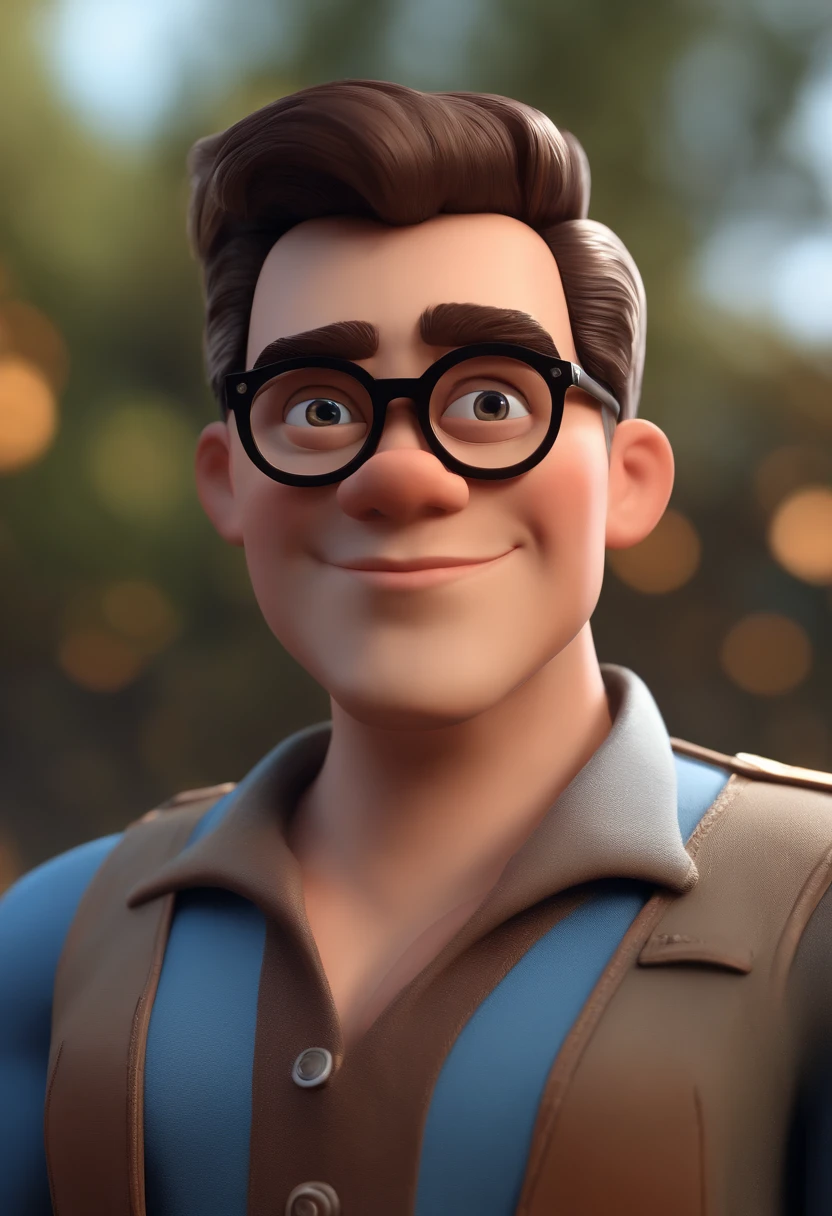 Cartoon character of a man with black glasses and a blue shirt, animation character, Caractere estilizado, animation style rendering, 3D estilizado, Arnold Maya render, 3 d render stylized, toon render keyshot, Personagem 3D, Personagem 3D, 3d rendering stylized, 3 d character render, personagem de desenho animado, Personagem de close up, Pose de personagem,  (Estilo Pixar) (master part:1.2) (Bokeh) (best quality) (pele detalhada) (textura detalhada) (8k) (argila) (Cinematic lighting) (foco nítido
