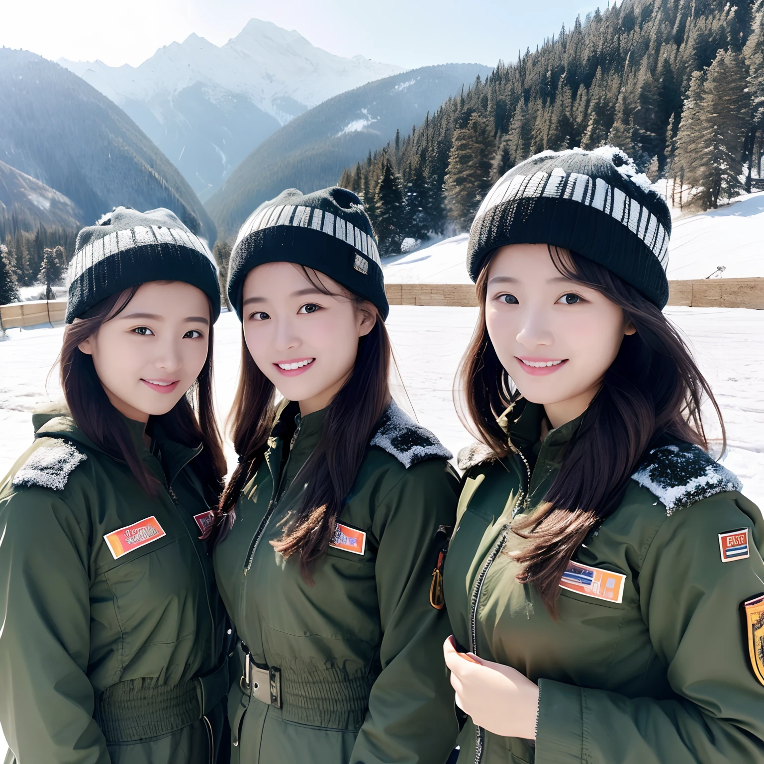 In front of the snow mountain valley Wrangler Nubicon, three beautiful female soldiers are on the lookout.