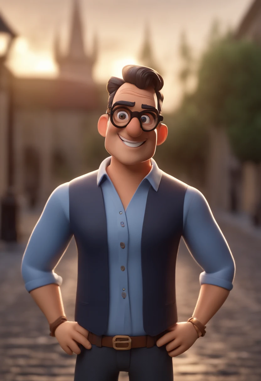 Cartoon character of a man with black glasses and a blue shirt, animation character, Caractere estilizado, animation style rendering, 3D estilizado, Arnold Maya render, 3 d render stylized, toon render keyshot, Personagem 3D, Personagem 3D, 3d rendering stylized, 3 d character render, personagem de desenho animado, Personagem de close up, Pose de personagem,  (Estilo Pixar) (master part:1.2) (Bokeh) (best quality) (pele detalhada) (textura detalhada) (8k) (argila) (Cinematic lighting) (foco nítido