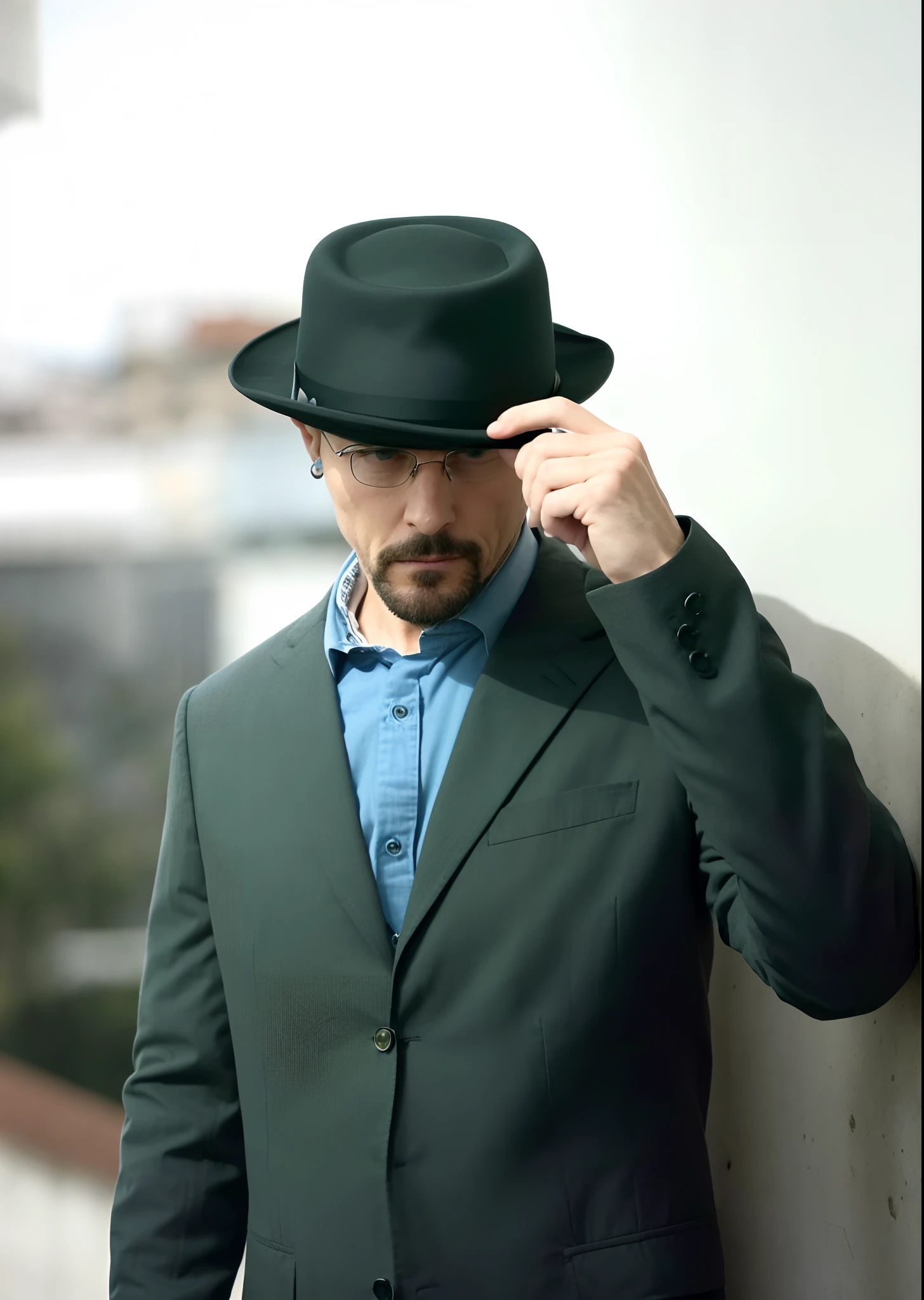There's a man in a hat and suit next to a wall, a suited man in a hat, Stetson preto e casaco, Gorjetando seu fedora, wearing a bowler hat, Detetive Noir e um Fedora, he is wearing a hat, usando um fedora, Heisenberg, wearing cylinder hat, with hat, character with a hat, Homem misterioso, Wearing Hat