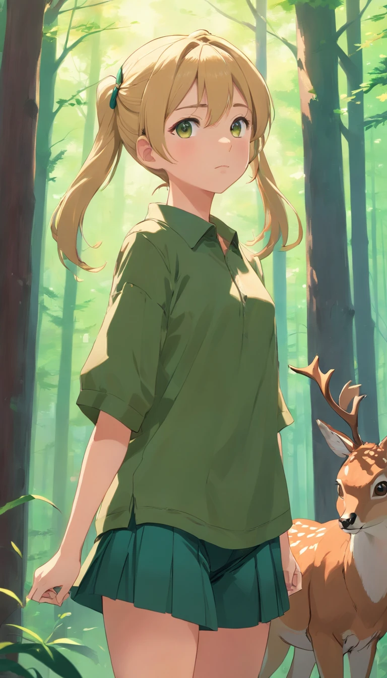 young girl, amber eyes, brown and dark green clothes, long blonde hair with pigtails, big chest, brave, shy, deer, forest, cute