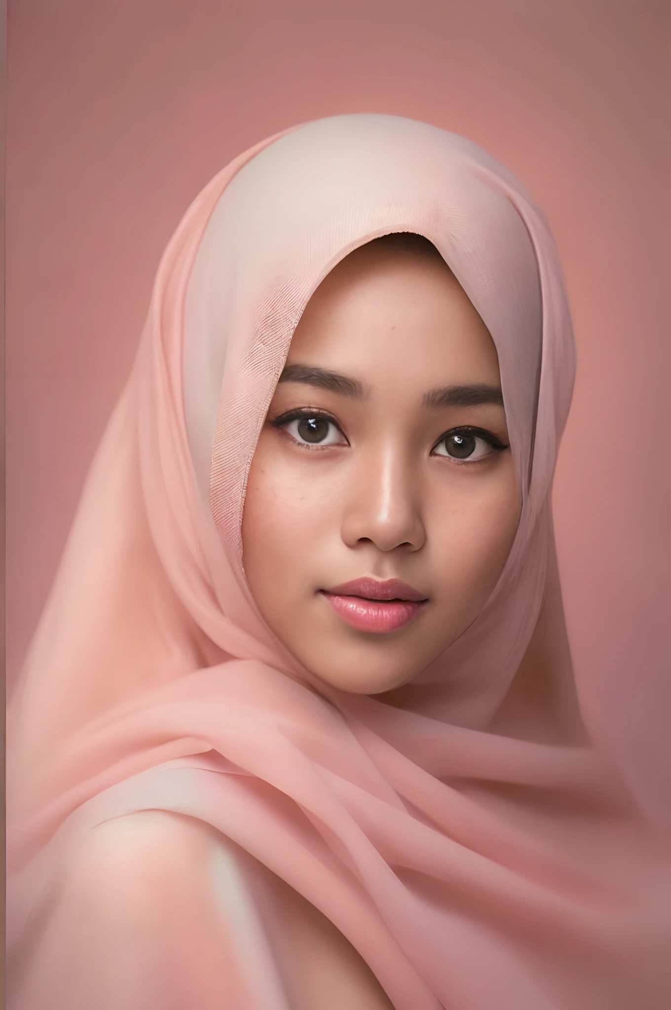Half body portrait .Hijab girl in studio . Two light photography. Shoot by canon r1. Two soft light come from godox v1.. blue background. Pink lips. Hidung pesek. Dahi luas . Pakai selendang.