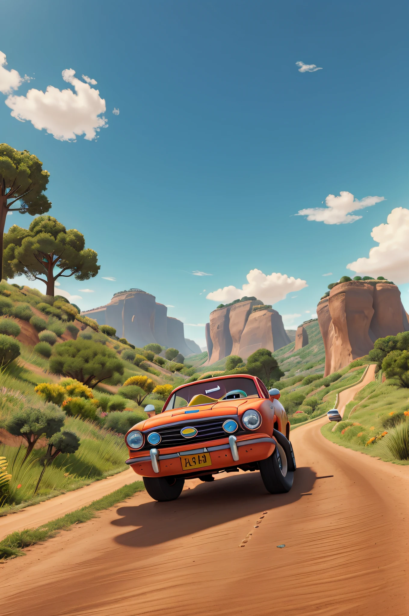 Carro estilo disney pixar, 3d, carros na pista apostando corrida, Open Road Scenery