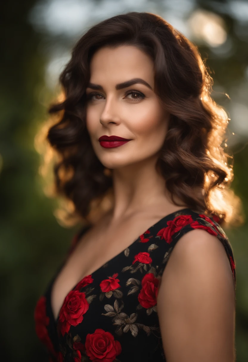 8k, Foto RAW, Fujifilm, Foto de estilo de uma bela mulher de 45 anos de idade, face quadrada, a red rose on the neck, usando vestido de renda preto com vermelho, brincos dourados, Strong features like a spinning dove, (pele altamente detalhada: 1.2), medium brown hair with lights, filmic grain, 35 mm, estilo bonito