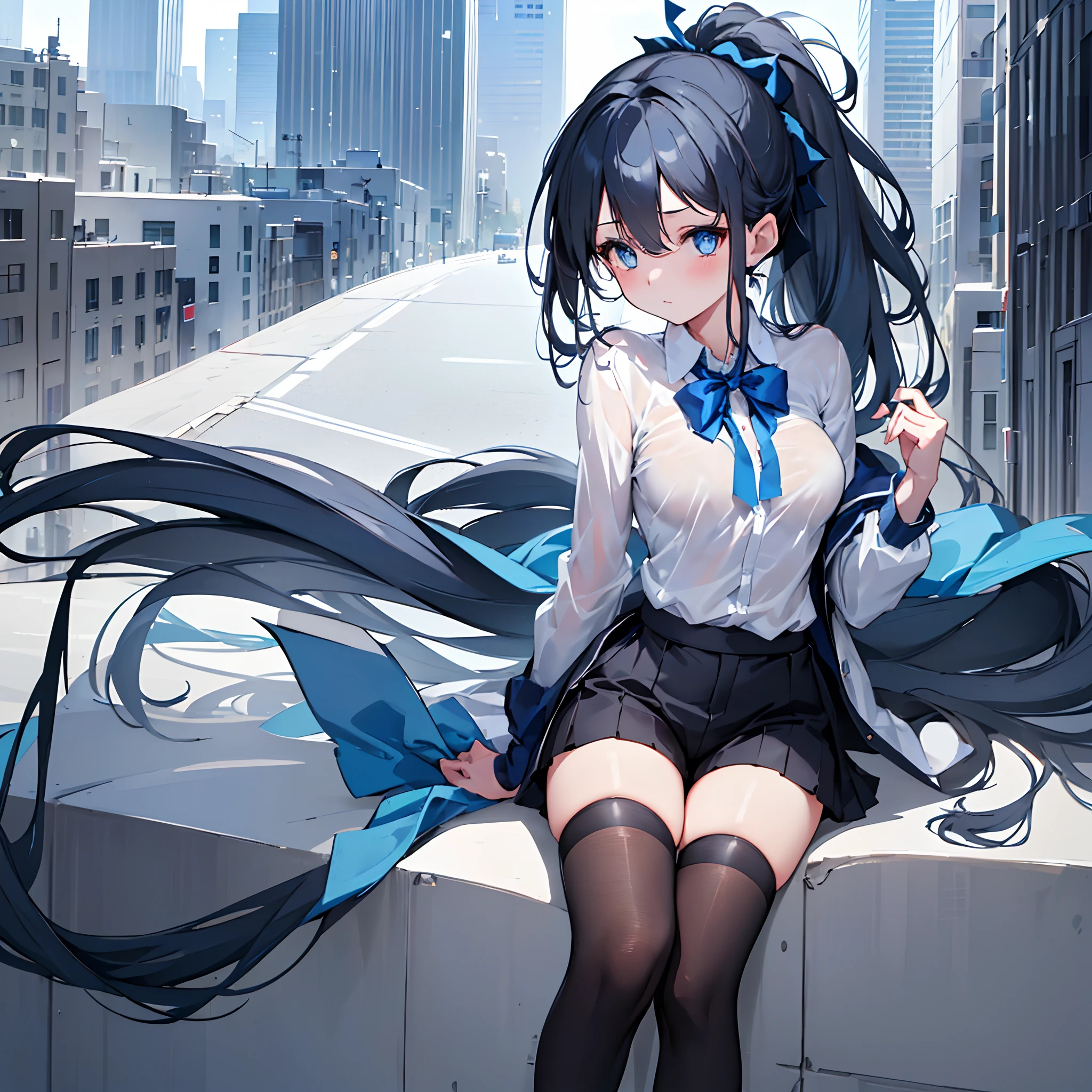 (Masterpiece, 8k, 1 girl, solo, Arisu, Blue_Archive, mature woman) , grey long hair, ponytail with ribbon, hairbow, deep blue eyes, large breasts, blue blouse, white shirt, short trousers, cool legwear, city in background, gorgeous girl