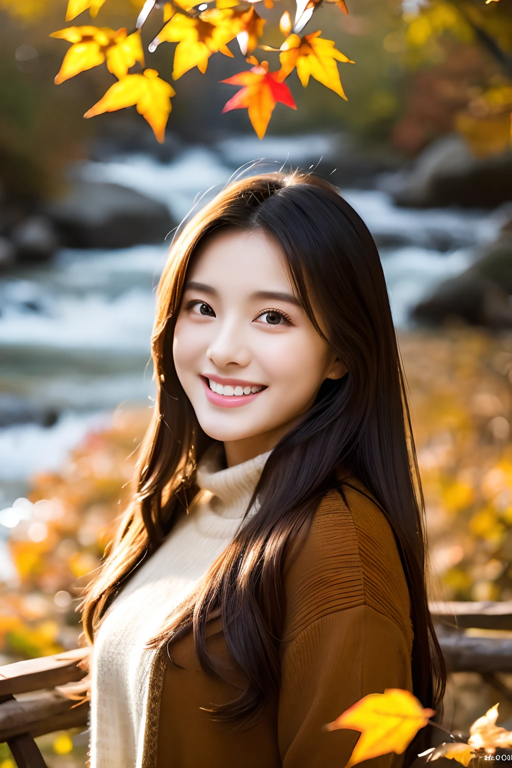 超High Resolution A、ultra-definition、8K、detailed details、Amazing Representation、1 woman、22 years old woman、tall and slender physique,、Neat and clean smile、
Watching the autumn leaves、Late Autumn Valley、Beautiful foliage、Raging mountain stream、A small waterfall,