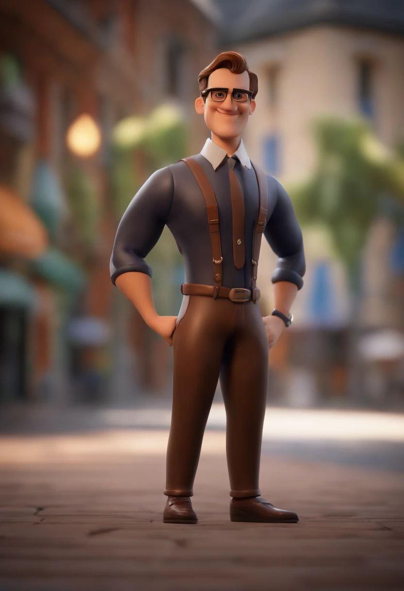 Cartoon character of a man wearing black glasses and a blue shirt, um personagem animado, Caractere estilizado, animation style rendering, 3D estilizado, Arnold Maya render, 3 d render stylized, toon render keyshot, Personagem 3D, Personagem 3D, 3d rendering stylized, 3 d character render, personagem de desenho animado, Personagem de close up, Pose de personagem, (Estilo Pixar) (master part:1.2) (Bokeh) (best quality) (pele detalhada) (textura detalhada) (8k) (argila) (Cinematic lighting) (foco nítido，Senta e vaza a parte superior do corpo