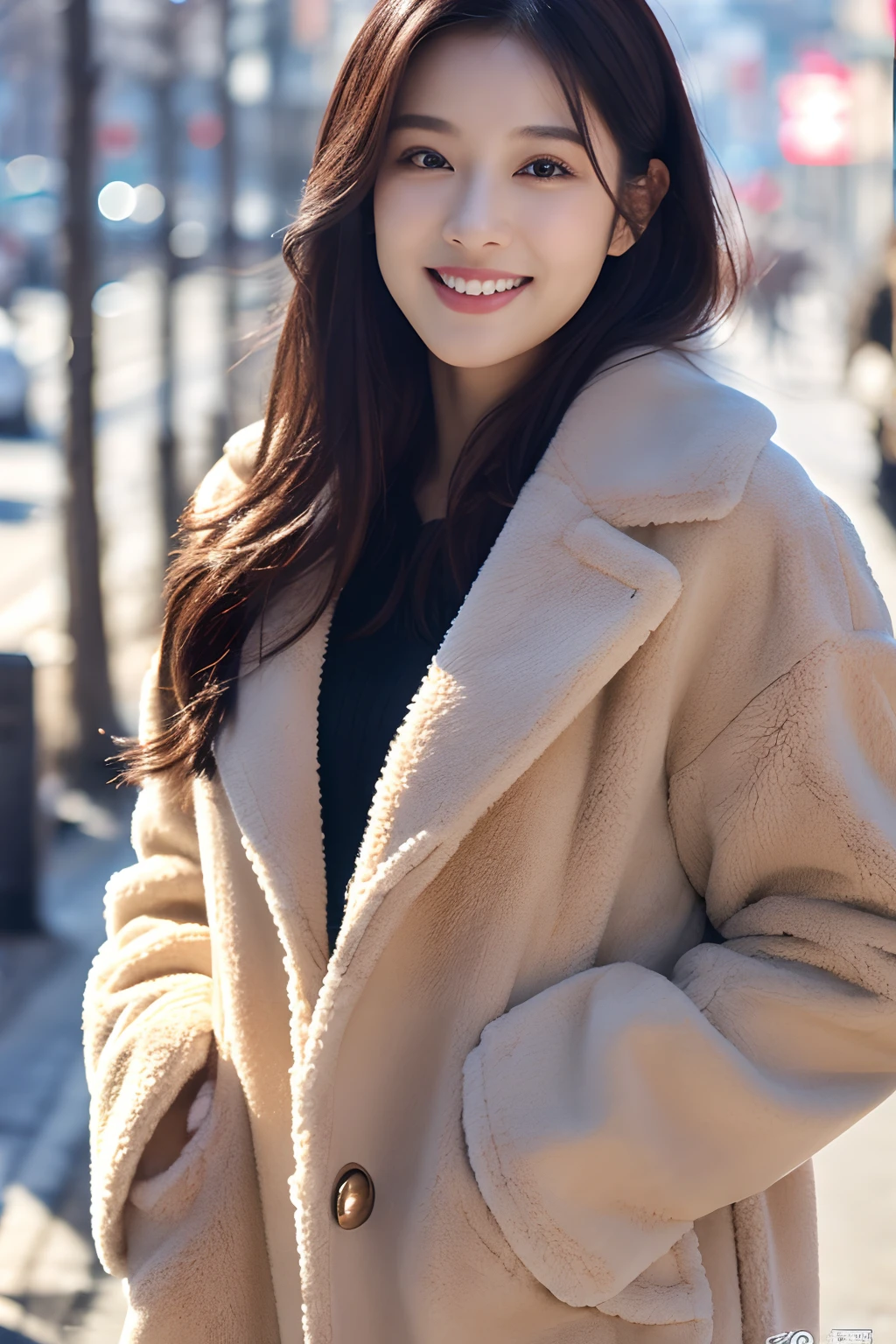 On a snowy street at Gwanggari Beach in Busan, a Korean woman looks at me lovingly and waves in front of the road,(8K, Raw-Photo, best qualtiy, tmasterpiece:1.2),(realisticlying, photograph realistic:1.4),(Highly detailed CG unity 8k wallpaper),(Round face: 1.5), (detailed pupil:1.3),Sexy red dress,Wearing a fur coat(Luxury Brands)、Fur coats with great detail、open your legs、very big bust