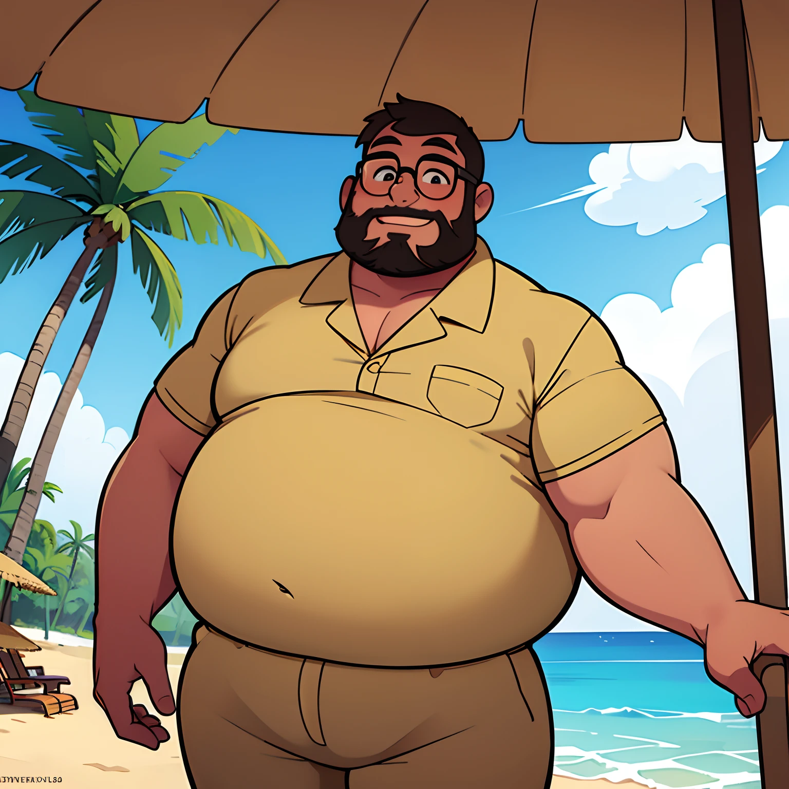 Very fat man with his very large boyfriend, gay, bearded, tan, both smiling, huge belly, large legs and arms. At the beach standing under a canopy, hawaiian style shirts, straw hat, glasses