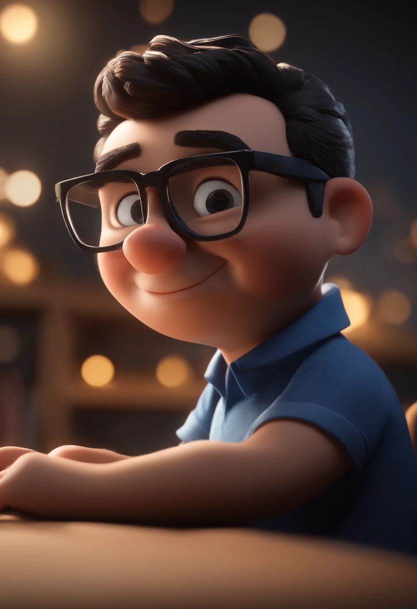 Cartoon character of a man wearing black glasses and a blue shirt, um personagem animado, Caractere estilizado, animation style rendering, 3D estilizado, Arnold Maya render, 3 d render stylized, toon render keyshot, Personagem 3D, Personagem 3D, 3d rendering stylized, 3 d character render, personagem de desenho animado, Personagem de close up, Pose de personagem, (Estilo Pixar) (master part:1.2) (Bokeh) (best quality) (pele detalhada) (textura detalhada) (8k) (argila) (Cinematic lighting) (foco nítido,Senta e vaza a parte superior do corpo