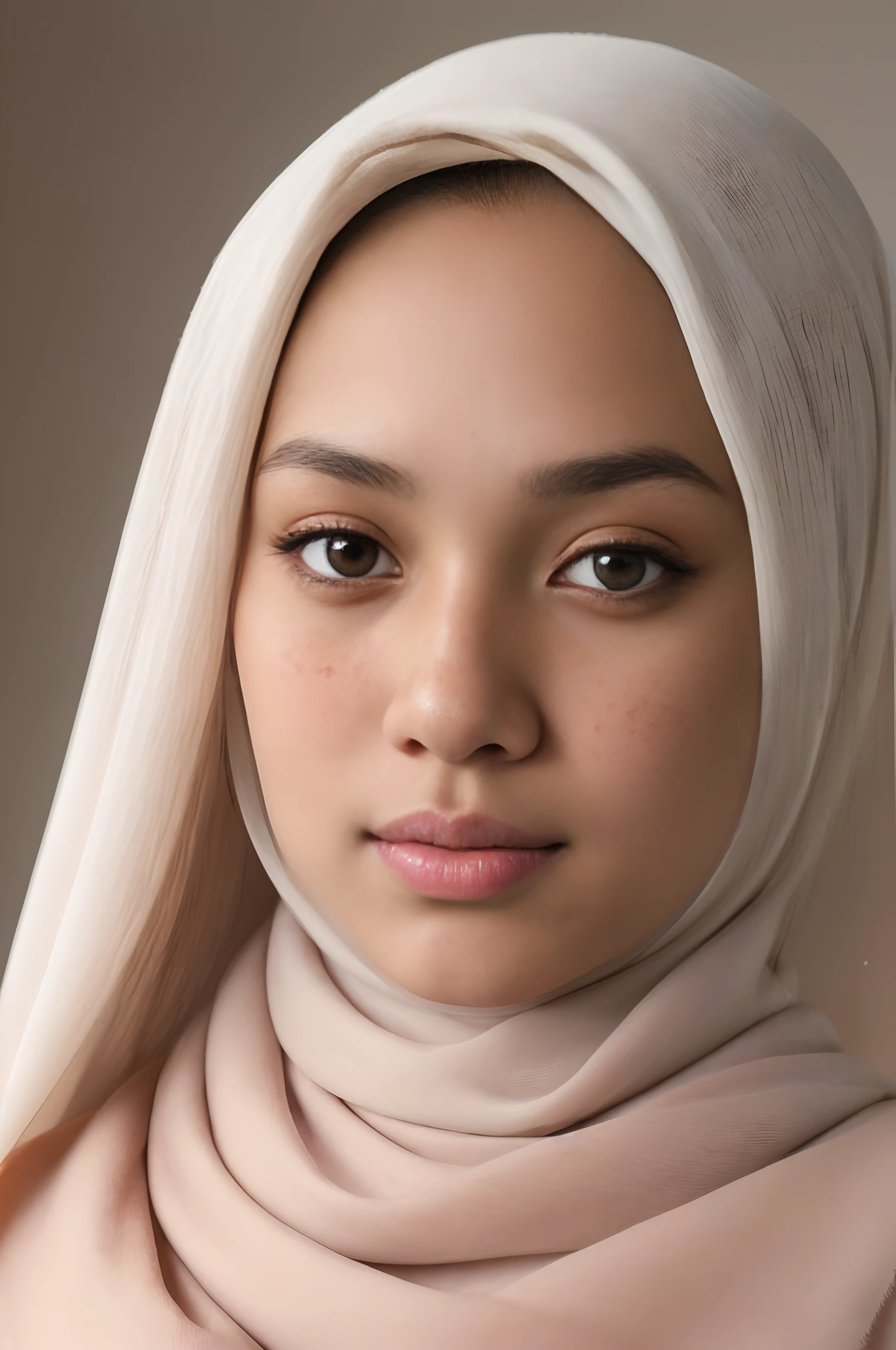 a photo portrait of a beautiful young malay girl with hijab and few soft freckles, mole below eyes, detail skin texture, (plain pastel white hijab), (face portrait:1.3), dramatic light , Rembrandt lighting scheme, (hyperrealism:1.2), (8K UHD:1.2), (photorealistic:1.2), shot with Canon EOS 5D Mark IV, detailed face, detailed skin texture