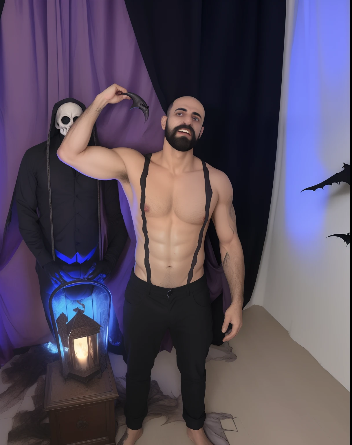 Homem com barba e corpo sem camisa ao lado de uma cadeira, male vampire of clan banu haqim, imagem de perfil, Arham Horror, haunted house themed, corpo inteiro com traje, dia das bruxas, roupas rasgadas segurando chicote, Em um estilo de Halloween, inspirado em Volkan Baga, com machado, creepy themed, corpo-horror, por Romain brook