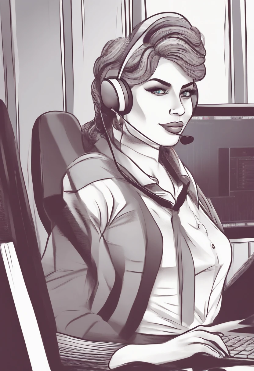 Um jovem branco de cabelos cacheados no com auriculares de trabalho quarto trabalhando como operador de call center atendendo um cliente (Cartoon)