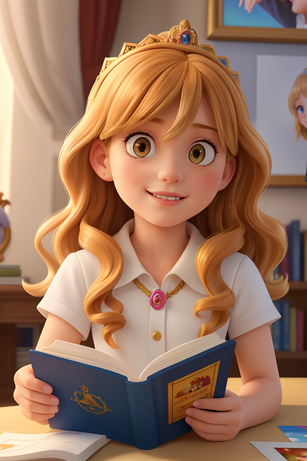 (best quality,ultra-detailed,realistic:1.37),oil painting,5-year-old girl with wavy blonde hair wearing a crown, reading a book, a poster behind the girl with the words "Princess Isabel", vibrant colors, soft lighting