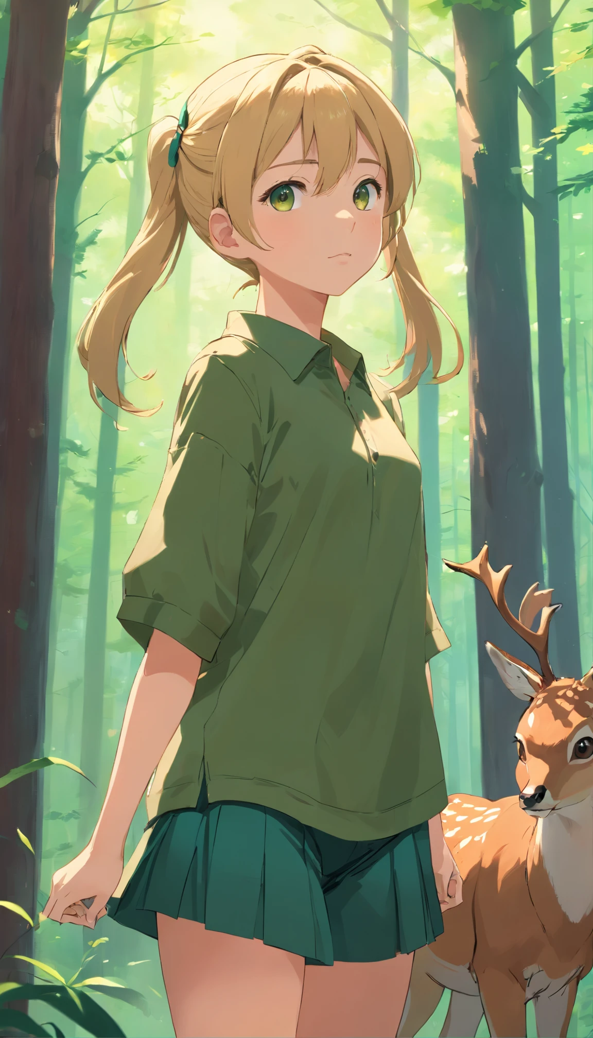 young girl, amber eyes, brown and dark green clothes, long blonde hair with pigtails, big chest, brave, shy, deer, forest, cute