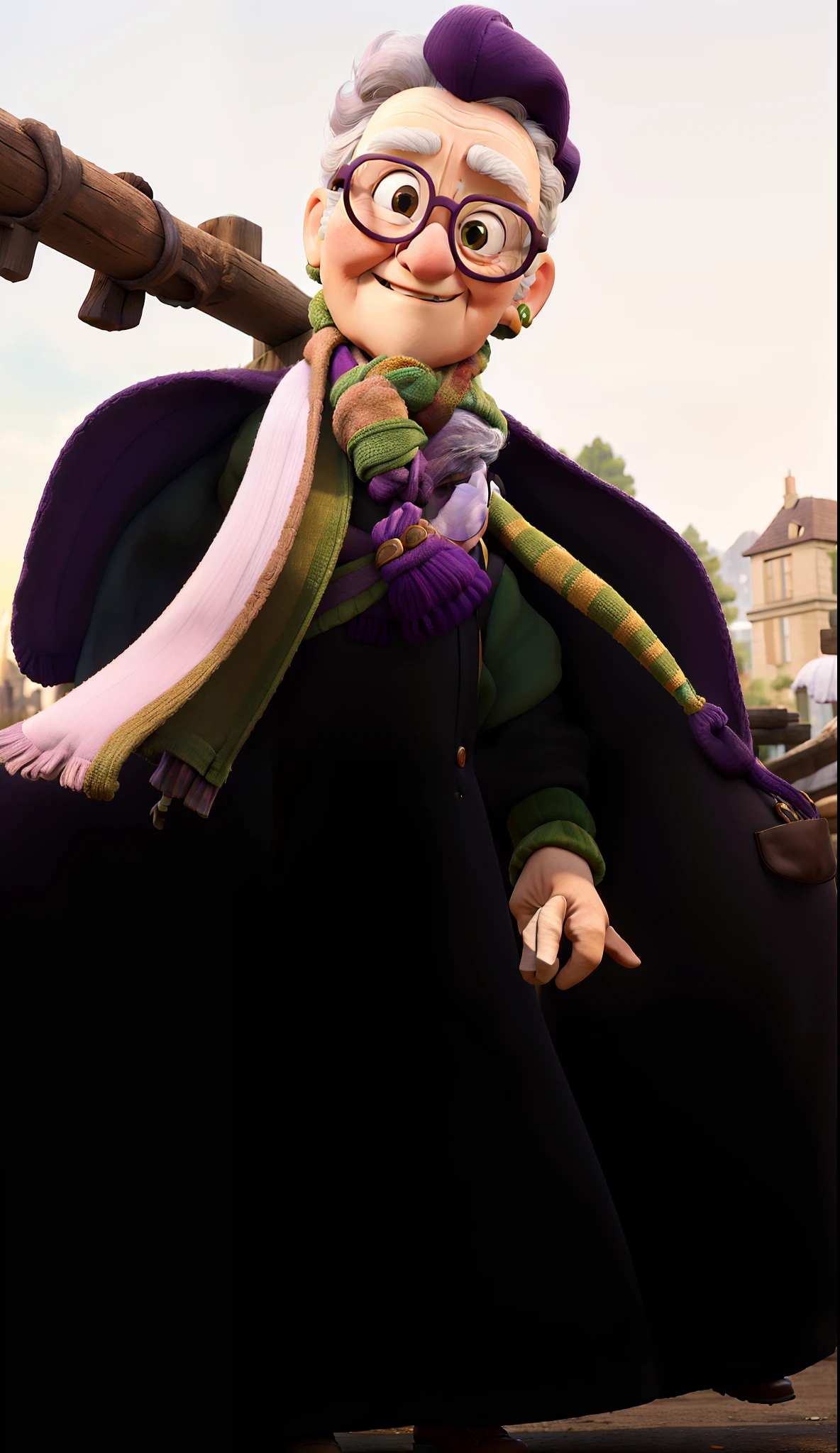 masterpiece, best quality, an old woman with glasses and a scarf on, wearing a purple coat and green scarf, standing at the park