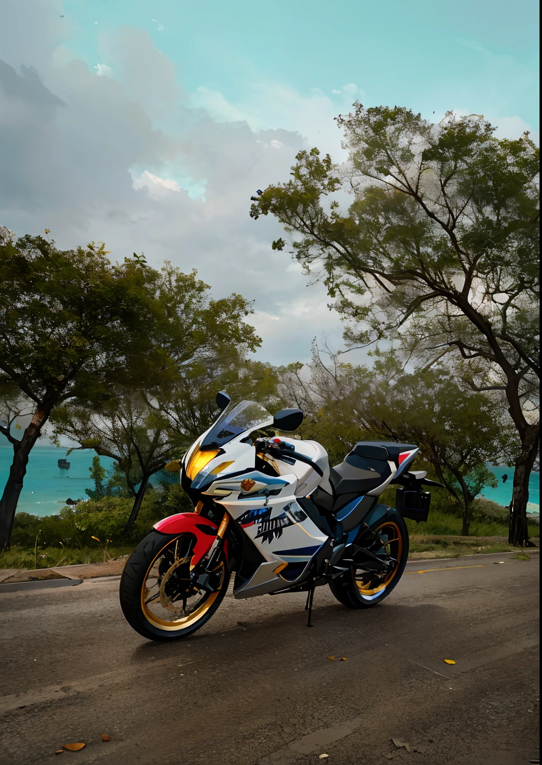 A 20-year-old woman sits on the ground next to a black and blue motorcycle, Longos cabelos azuis escuros, Enorme teto, virilha rechonchuda, modelo fitness, sentado em moto cyberpunk, motocicleta, Motocicletas, sentado na motocicleta, motociclista, azul e preto, Shy and nervous expression