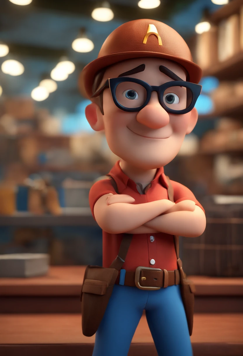 Cartoon character of a man wearing black glasses and a blue shirt, um personagem animado, Caractere estilizado, animation style rendering, 3D estilizado, Arnold Maya render, 3 d render stylized, toon render keyshot, Personagem 3D, Personagem 3D, 3d rendering stylized, 3 d character render, personagem de desenho animado, Personagem de close up, Pose de personagem, (Estilo Pixar) (master part:1.2) (Bokeh) (best quality) (pele detalhada) (textura detalhada) (8k) (argila) (Cinematic lighting) (foco nítido，Senta e vaza a parte superior do corpo