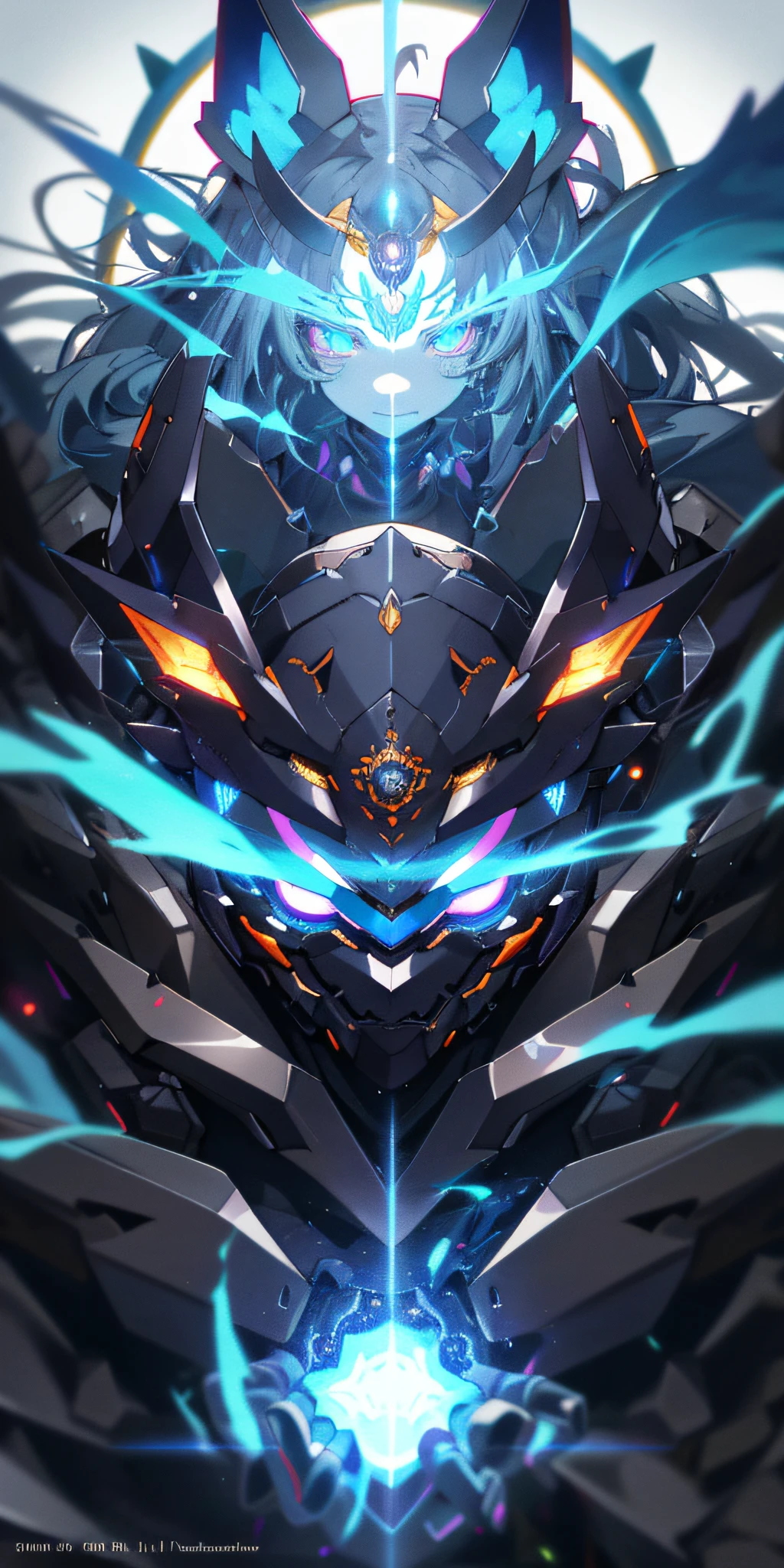 Anime Robot beutiful blue magma skin golem cat girl magic, aesthetic_eyes, detailed eyes, demon horn, mask, wings, glowing, random fantasy hair, multicolored hair, body detailed, random very angry face, detailed face, Saenyo Ancalagon Anthropomorphic majestic Guardian | Portrait | finely detailed Obsidian and Lava armor | cinematic lighting | intricate filigree metal design | 8k | unreal engine | octane render | aesthetic_eyes, detailed eyes, body detailed, ahegao, detailed face, highly detailed, fantasy background, blush, cat_ears_earrings hair_ornament highres jewelry triple_earring, detailed all, solo, fightning stance, magic circle, electrification, lightning effect, ray tracing, detailed all, show your ability A.I, 4K Ultra HD.