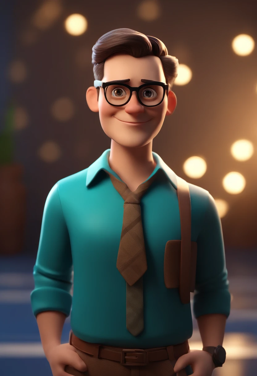 Cartoon character of a man wearing black glasses and a blue shirt, um personagem animado, Caractere estilizado, animation style rendering, 3D estilizado, Arnold Maya render, 3 d render stylized, toon render keyshot, Personagem 3D, Personagem 3D, 3d rendering stylized, 3 d character render, personagem de desenho animado, Personagem de close up, Pose de personagem, (Estilo Pixar) (master part:1.2) (Bokeh) (best quality) (pele detalhada) (textura detalhada) (8k) (argila) (Cinematic lighting) (foco nítido,Senta e vaza a parte superior do corpo