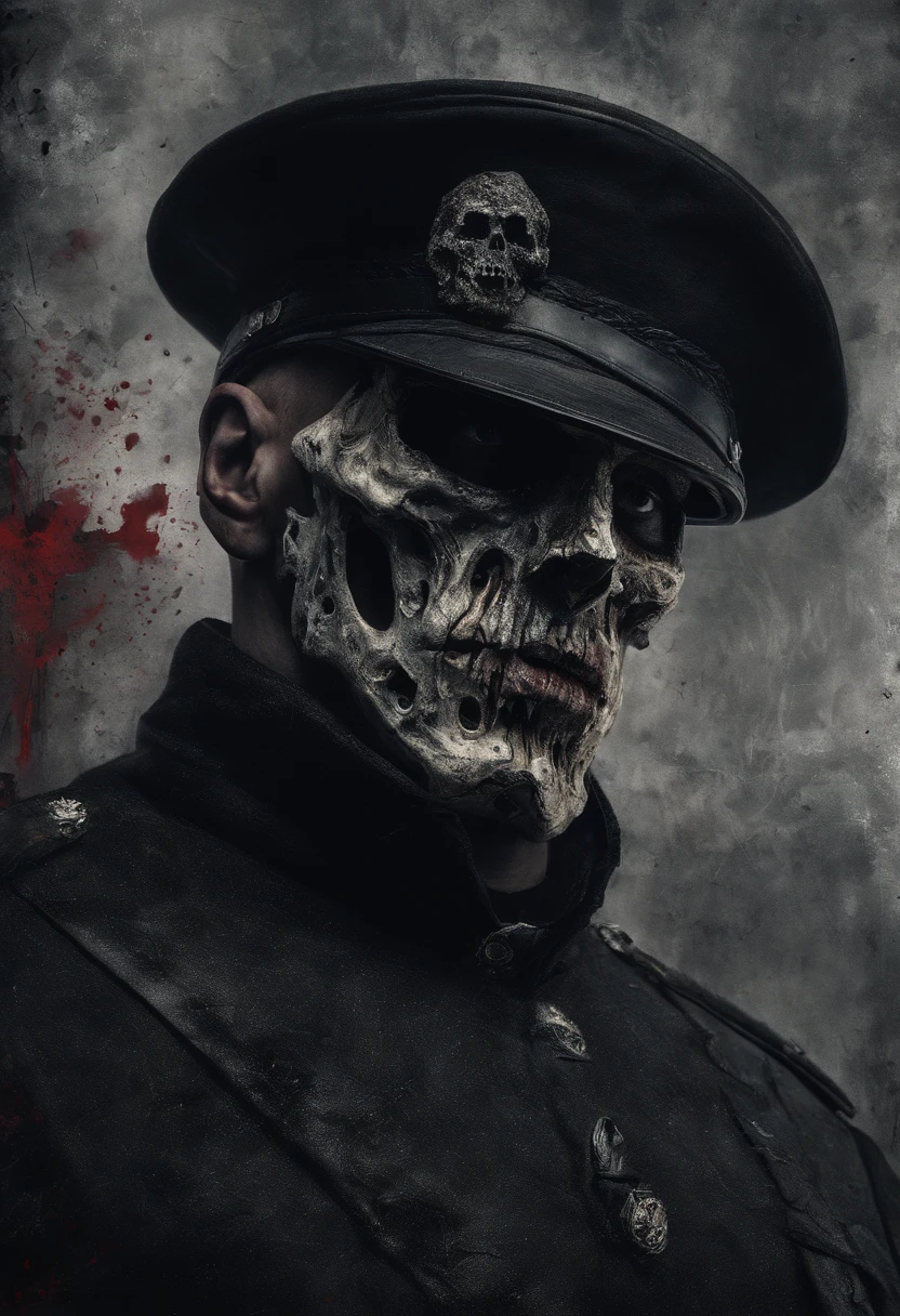 Retrato detalhado de um meio-homem, Busto hemicraniano, Avarias ocasionais, Textura da tela de neve, tons vermelho-sangue, atmosfera hiper-realista, vinhetas sutis, mal iluminado, Recursos desfocados, with army soldier hat and military props