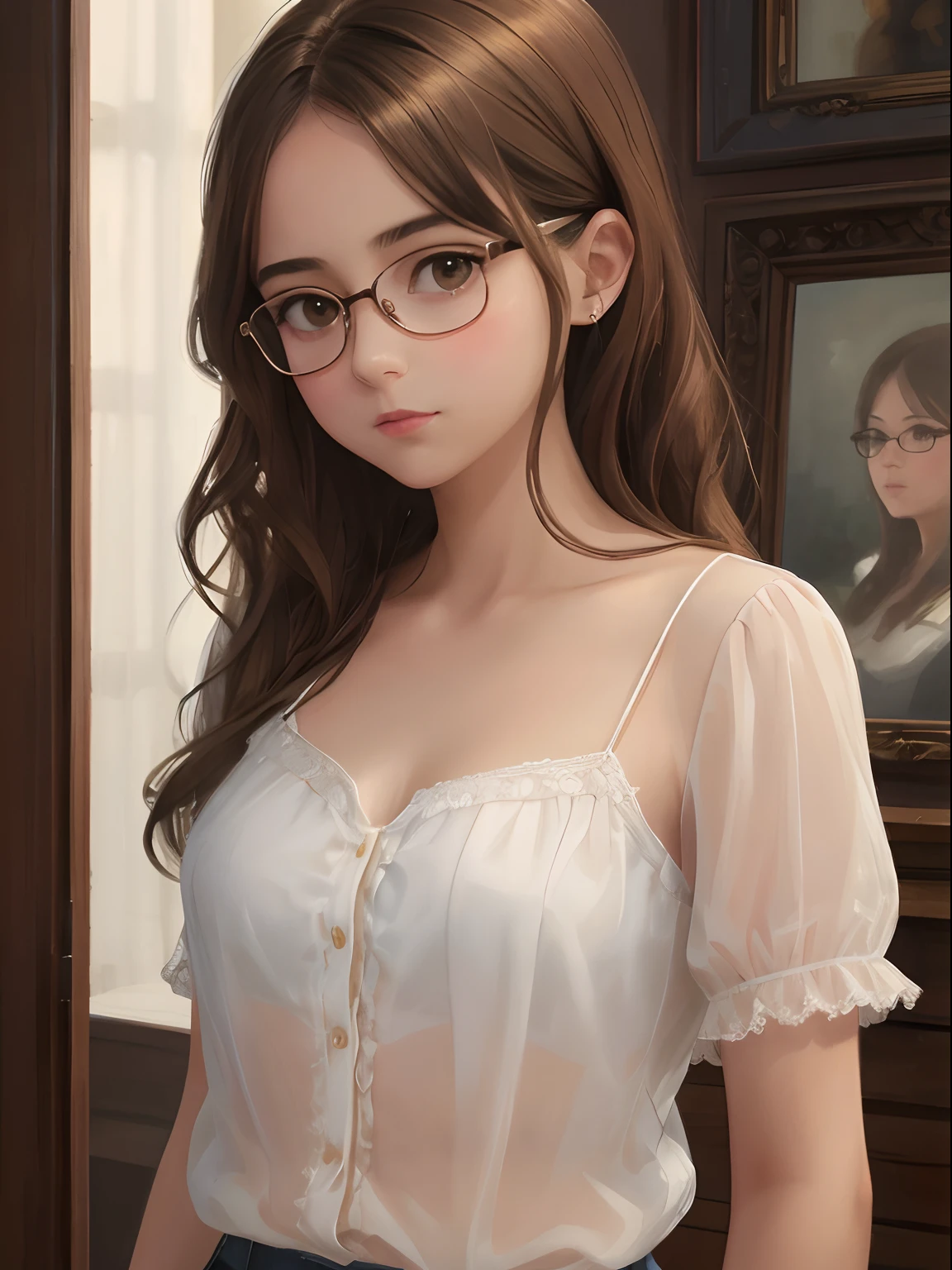 a 1girl, a beautiful -agedl, extremely small breasts, short wavy brown hair, brown eye, eyeglasses, portraite of a, oil painted, contemporary, Transparent tulle blouse with unbuttoned top button without bra underneath, Realistic Proportion, Intricate, intricate detials, sharp-focus