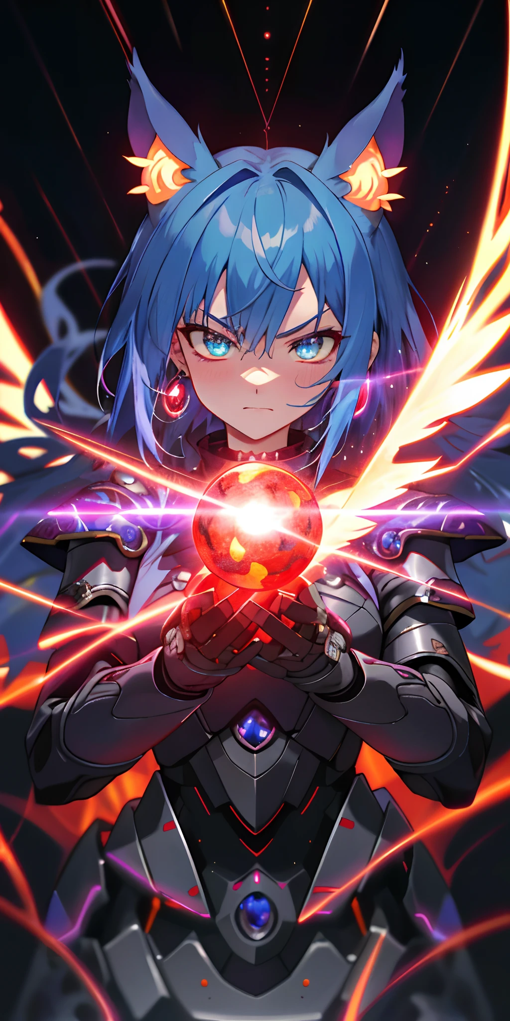 Anime Robot beutiful blue magma skin golem cat girl magic, aesthetic_eyes, detailed eyes, demon horn, mask, wings, glowing, random fantasy hair, multicolored hair, body detailed, random very angry face, detailed face, Saenyo Ancalagon Anthropomorphic majestic Guardian | Portrait | finely detailed Obsidian and Lava armor | cinematic lighting | intricate filigree metal design | 8k | unreal engine | octane render | aesthetic_eyes, detailed eyes, body detailed, ahegao, detailed face, highly detailed, fantasy background, blush, cat_ears_earrings hair_ornament highres jewelry triple_earring, detailed all, solo, fightning stance, magic circle, electrification, lightning effect, ray tracing, detailed all, show your ability A.I, 4K Ultra HD.