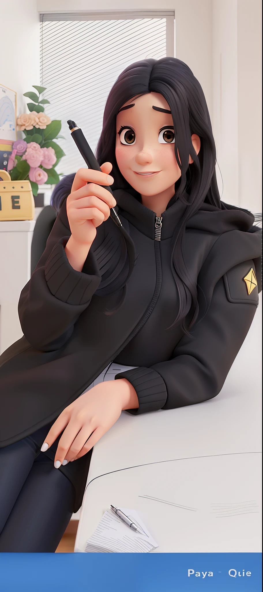 Mulher estilo pixar, wearing black coat, holding a pen in your hand, alta qualidade, melhor qualidade