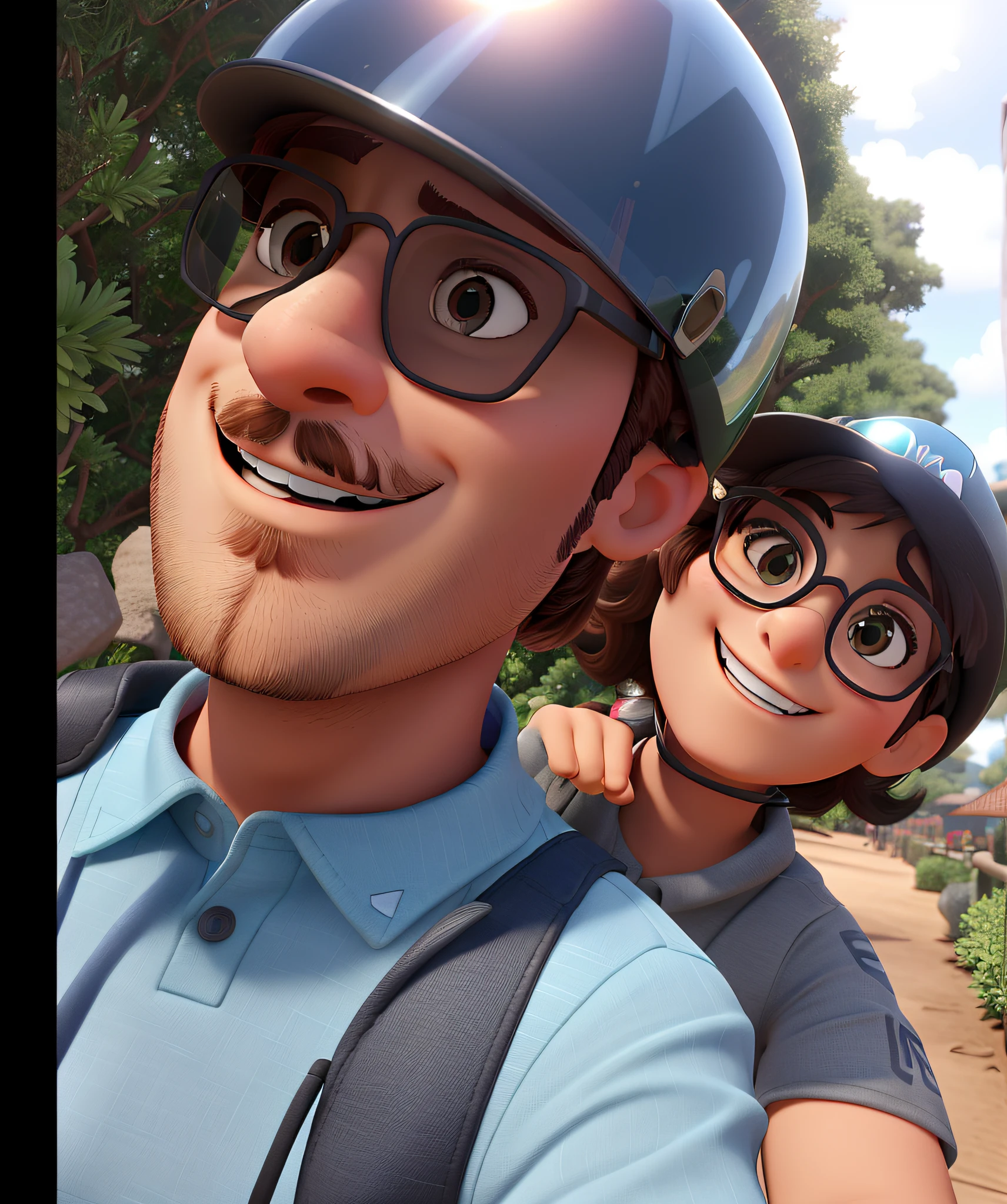 Um homem estilo disney pixar, alta qualidade, melhor qualidade, de capacete de moto, oculos de sol, mulher de capacete e oculoss de sol