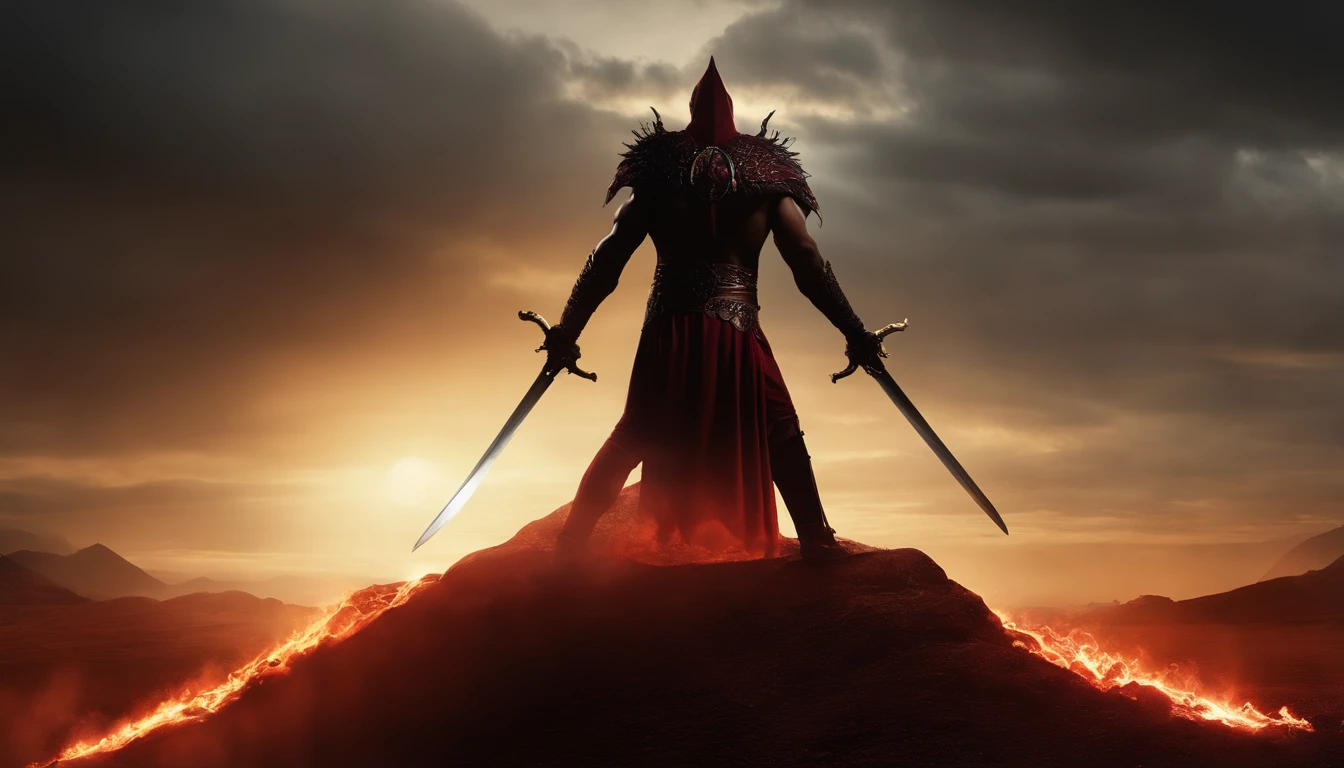 god against satan , god is holding a sword and satan holding a long spear , satan is pulling god to ground with chains ,dark and hateful eyes, epic, eerie, Creepy, nightmarish, Very bright colors, sun down, with light glowing, Mshiff, wallpaper art, UHD wallpaper for computers