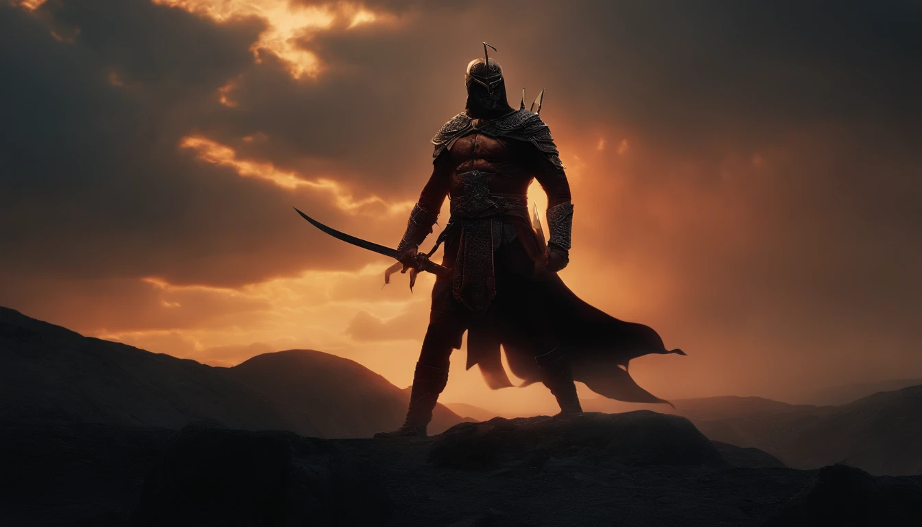 god against satan , god is holding a sword and satan holding a long spear , satan is pulling god to ground with chains ,dark and hateful eyes, epic, eerie, Creepy, nightmarish, Very bright colors, sun down, with light glowing, Mshiff, wallpaper art, UHD wallpaper for computers