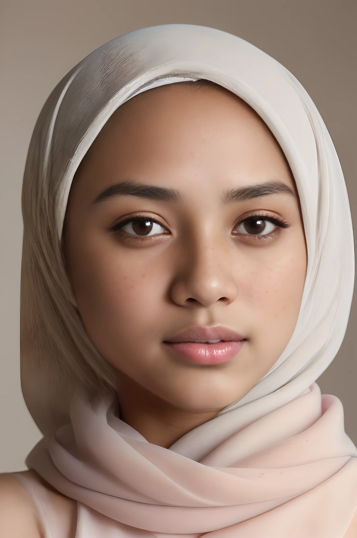 Indonesian woman with the expression of opening her mouth slightly while closing her eyes, furrowing her eyebrows, face facing upwards, wearing a hijab,