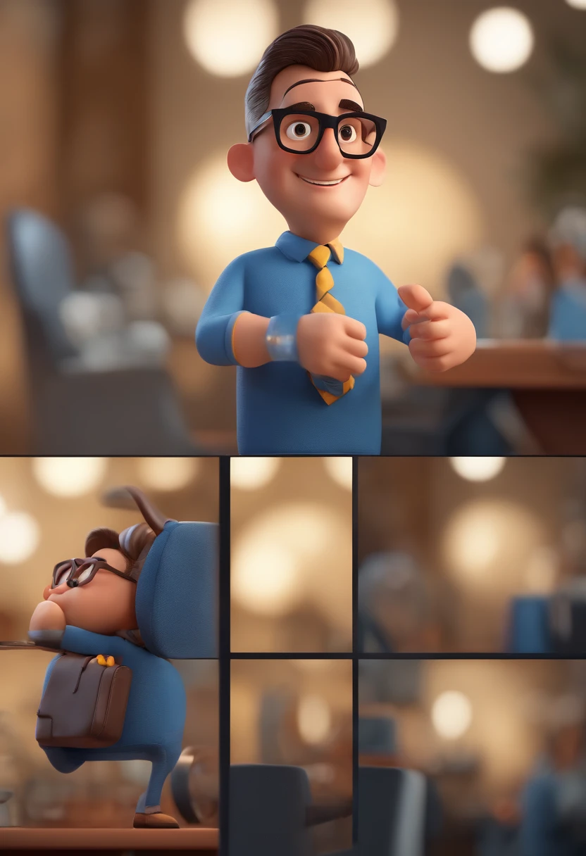 Cartoon character of a man with black glasses and a blue shirt, animation character, Caractere estilizado, animation style rendering, 3D estilizado, Arnold Maya render, 3 d render stylized, toon render keyshot, Personagem 3D, Personagem 3D, 3d rendering stylized, 3 d character render, personagem de desenho animado, Personagem de close up, Pose de personagem,  (Estilo Pixar) (master part:1.2) (Bokeh) (best quality) (pele detalhada) (textura detalhada) (8k) (argila) (Cinematic lighting) (foco nítido