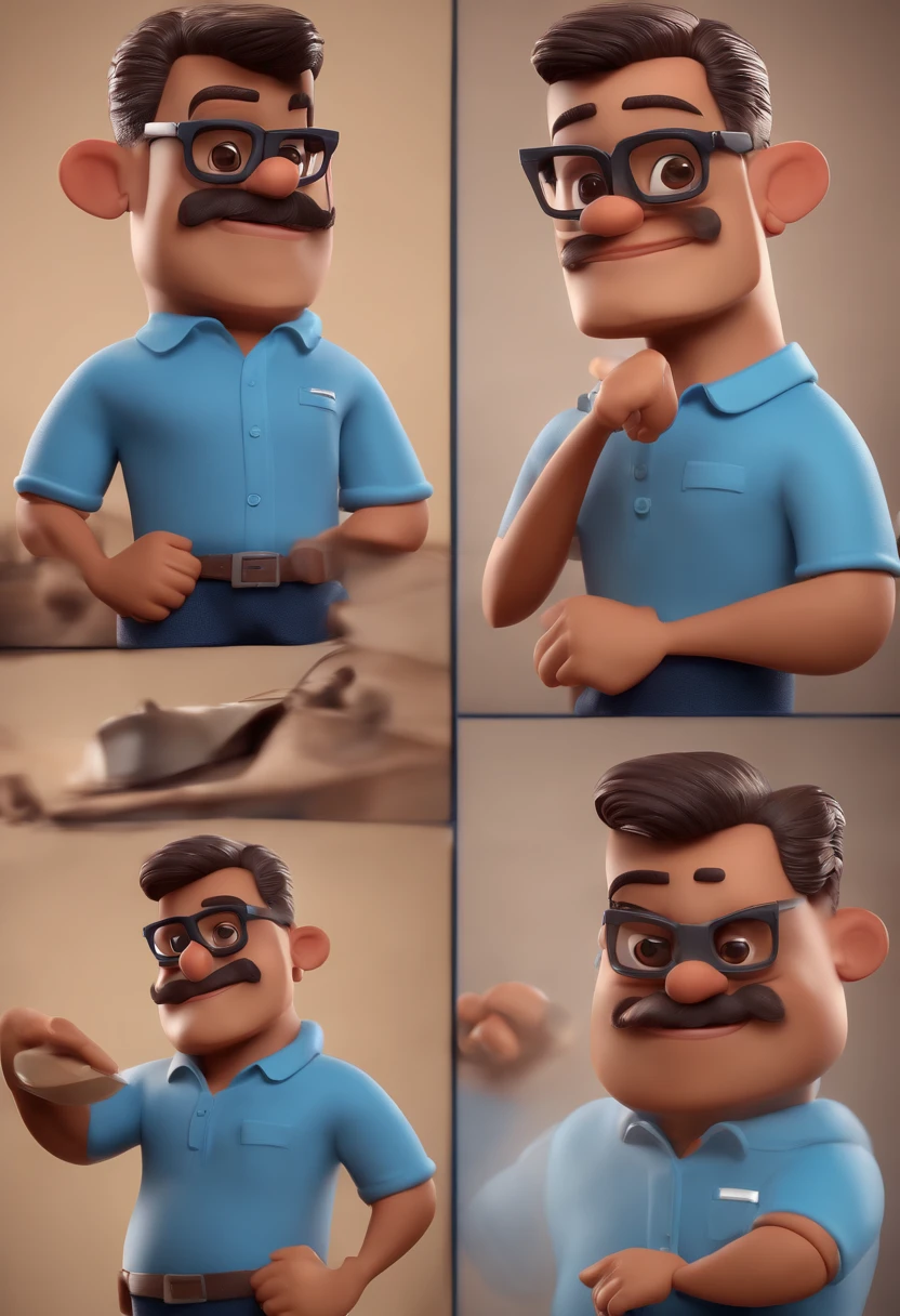 Cartoon character of a man with black glasses and a blue shirt, animation character, Caractere estilizado, animation style rendering, 3D estilizado, Arnold Maya render, 3 d render stylized, toon render keyshot, Personagem 3D, Personagem 3D, 3d rendering stylized, 3 d character render, personagem de desenho animado, Personagem de close up, Pose de personagem, (Estilo Pixar) (master part:1.2) (Bokeh) (best quality) (pele detalhada) (textura detalhada) (8k) (argila) (Cinematic lighting) (foco nítido